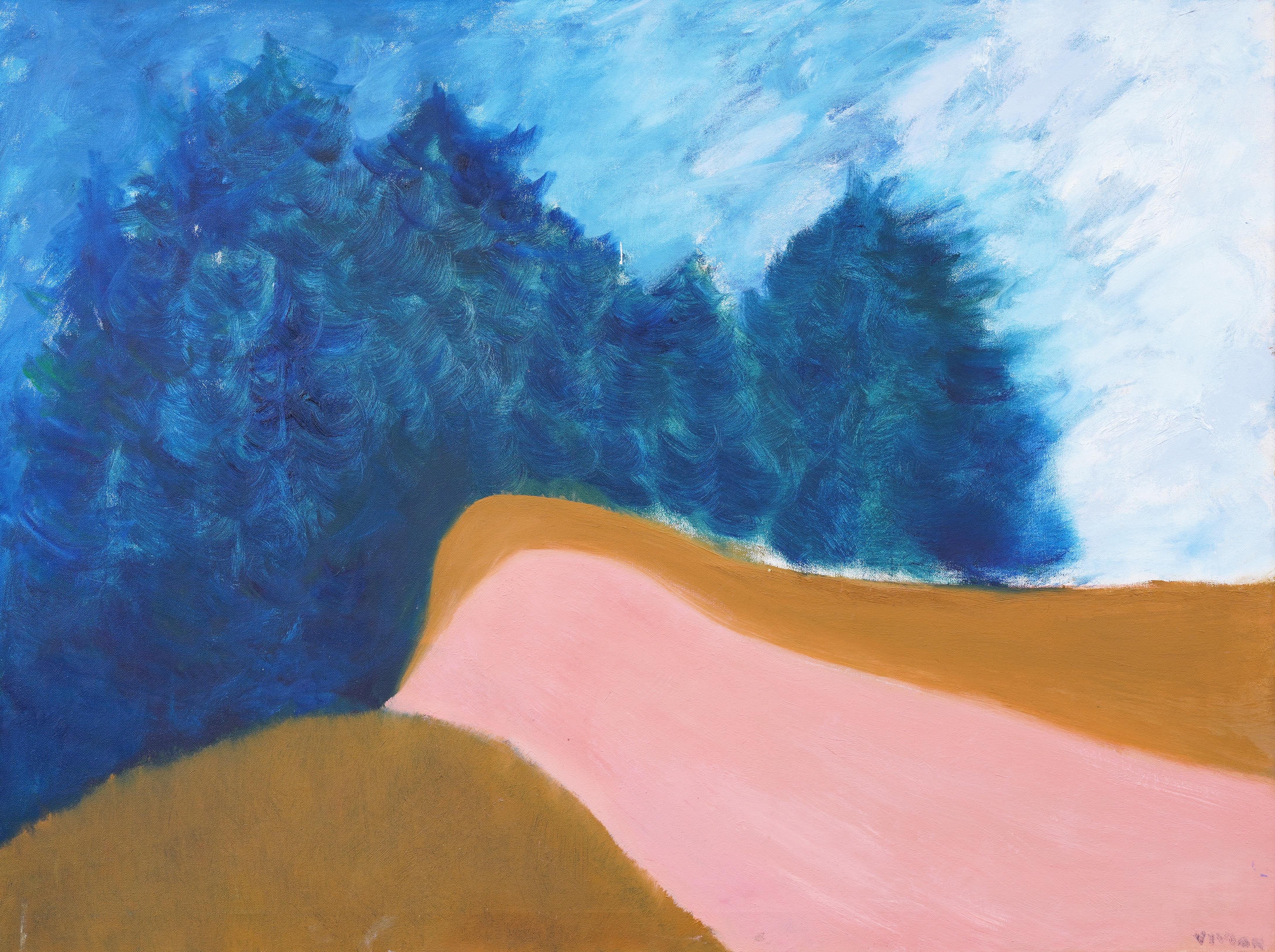 Antiguo cuadro al óleo firmado por un modernista americano Paisaje abstracto moderno enmarcado - Painting Moderno de Unknown
