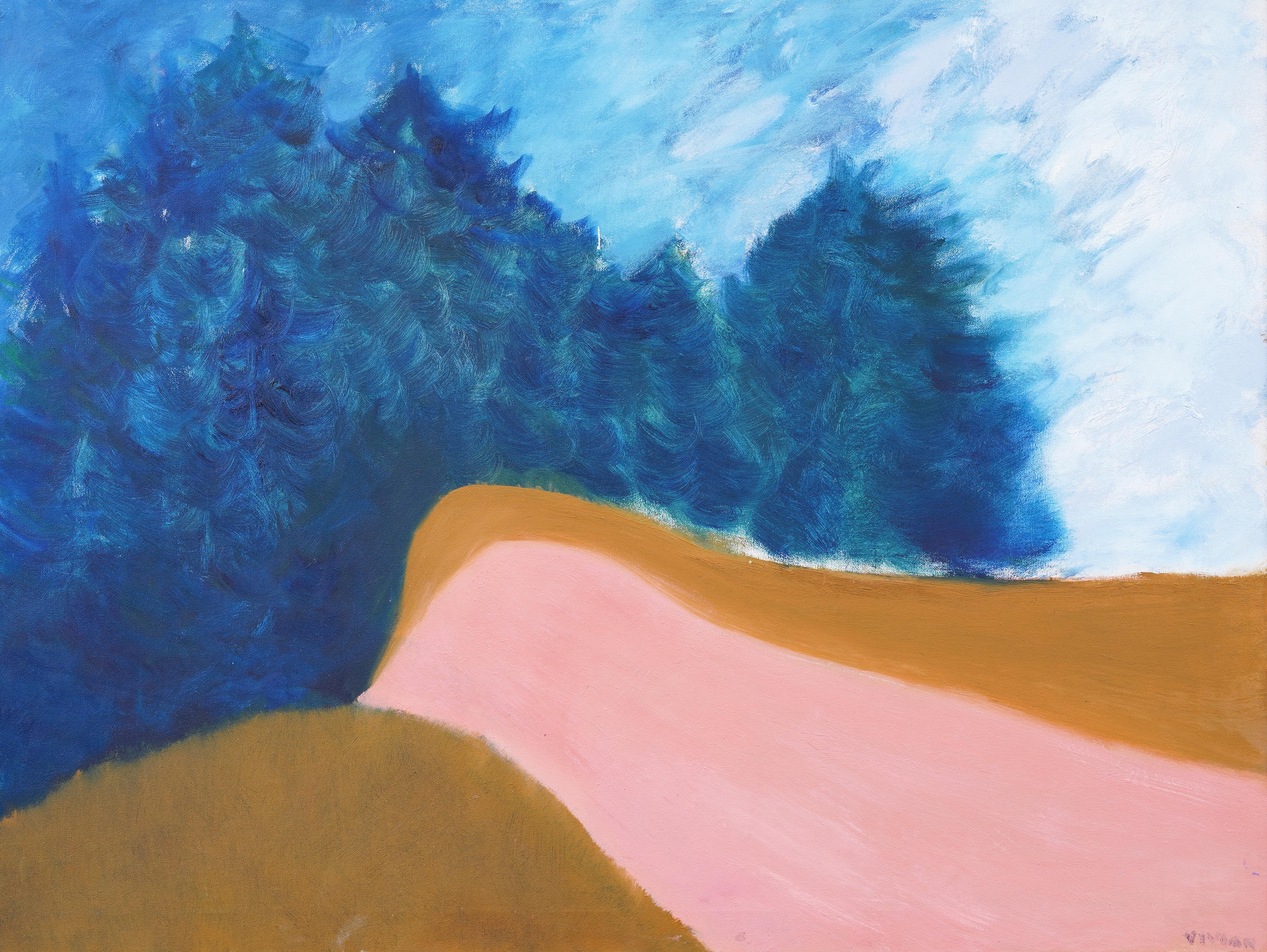 Antiguo cuadro al óleo firmado por un modernista americano Paisaje abstracto moderno enmarcado - Landscape Painting Púrpura de Unknown