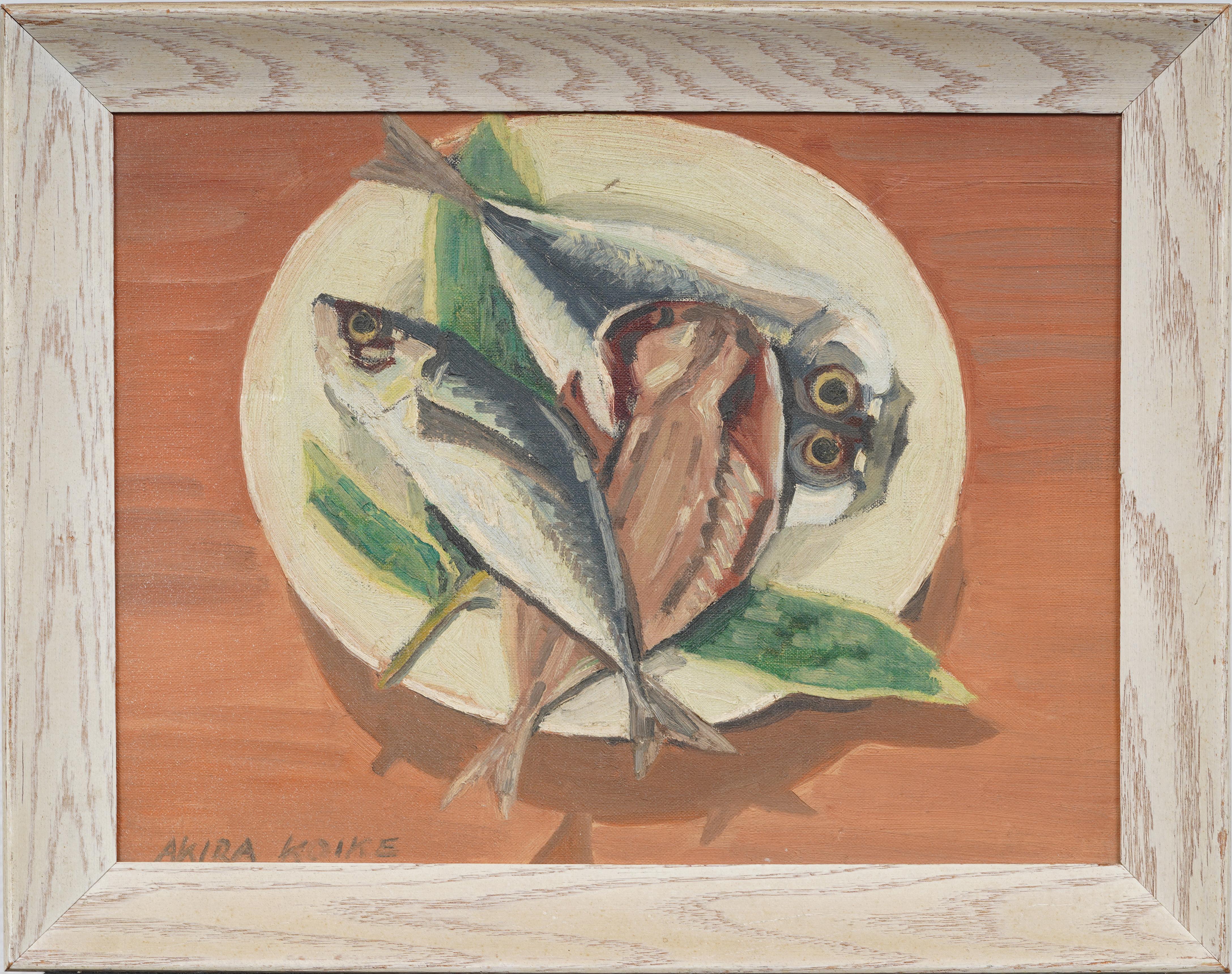 Antike amerikanische Modernist signiert Fisch Stillleben kubistische gerahmte Ölgemälde – Painting von Unknown