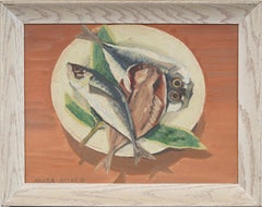 Antique American Modernist Signed Fish Still Life Cubist Framed Oil Painting
