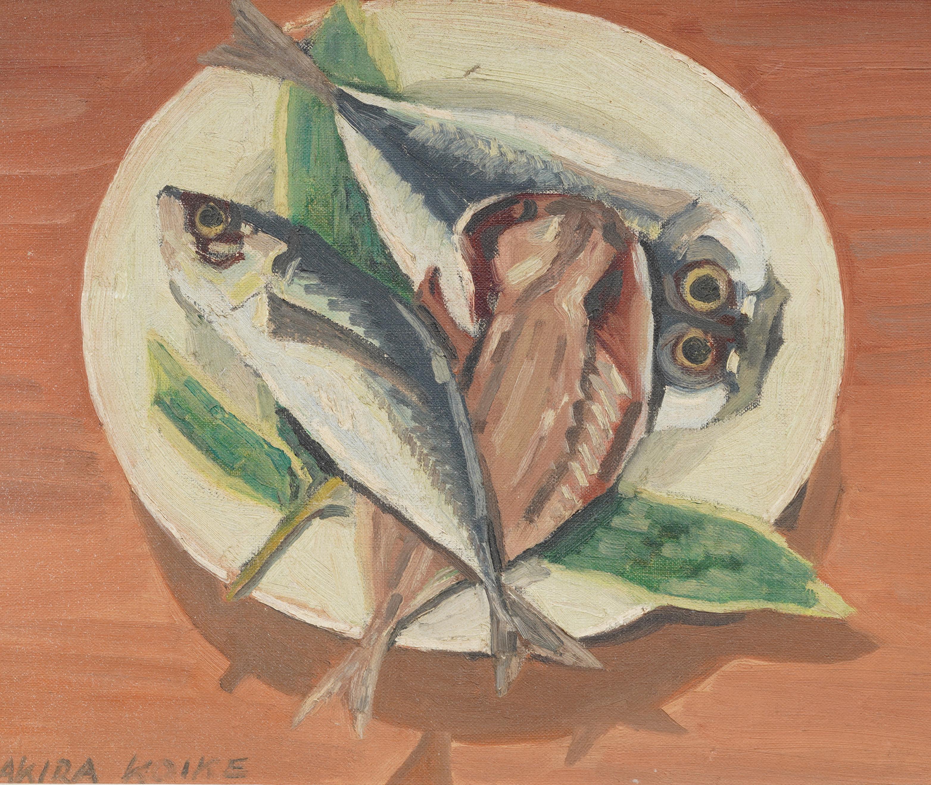 Antike amerikanische Modernist signiert Fisch Stillleben kubistische gerahmte Ölgemälde (Braun), Interior Painting, von Unknown