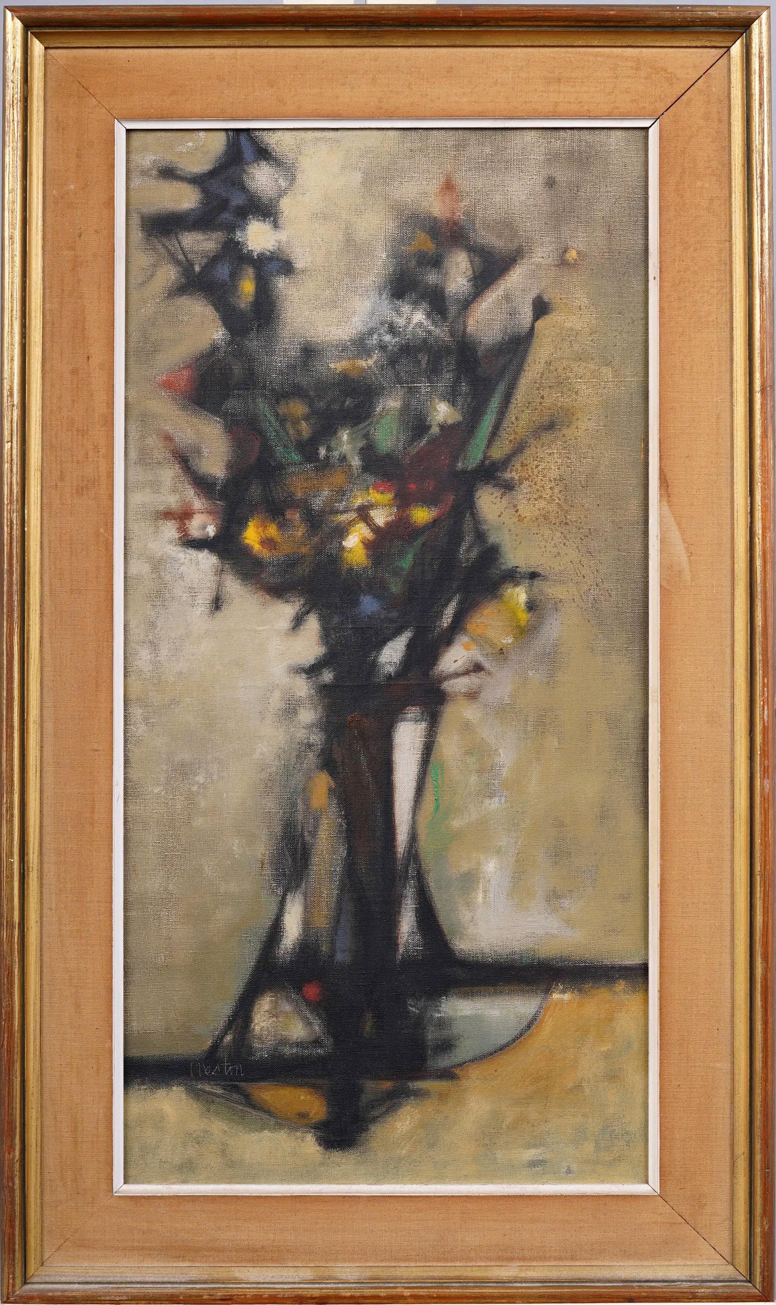 Antico dipinto a olio Modernista Americano firmato Natura morta floreale incorniciato di grandi dimensioni - Painting di Unknown