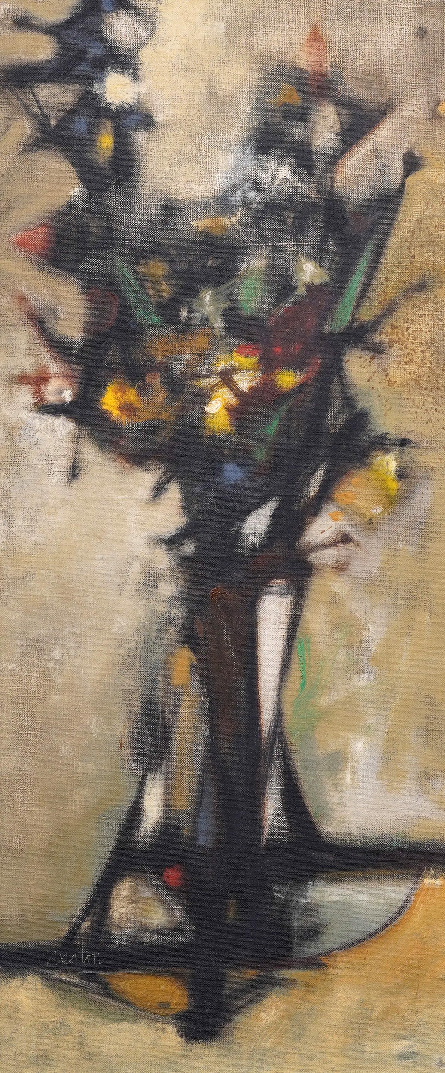 Antico dipinto a olio Modernista Americano firmato Natura morta floreale incorniciato di grandi dimensioni - Still-Life Painting Marrone di Unknown