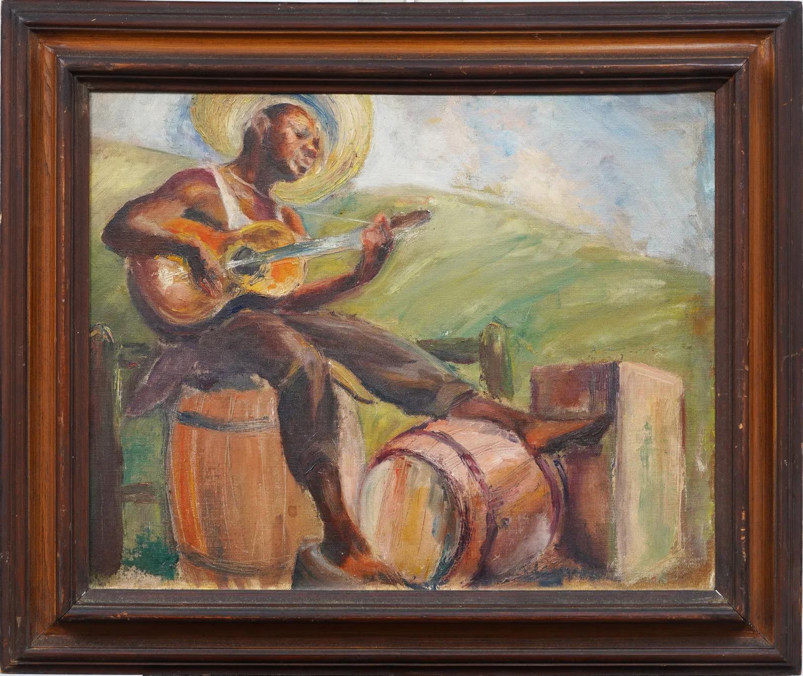 Antiguo cuadro al óleo enmarcado de un músico guitarrista de la Escuela Modernista Americana del Sur - Painting de Unknown
