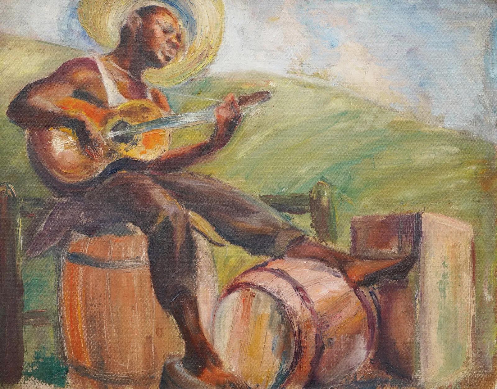 Antiguo cuadro al óleo enmarcado de un músico guitarrista de la Escuela Modernista Americana del Sur - Painting Moderno de Unknown