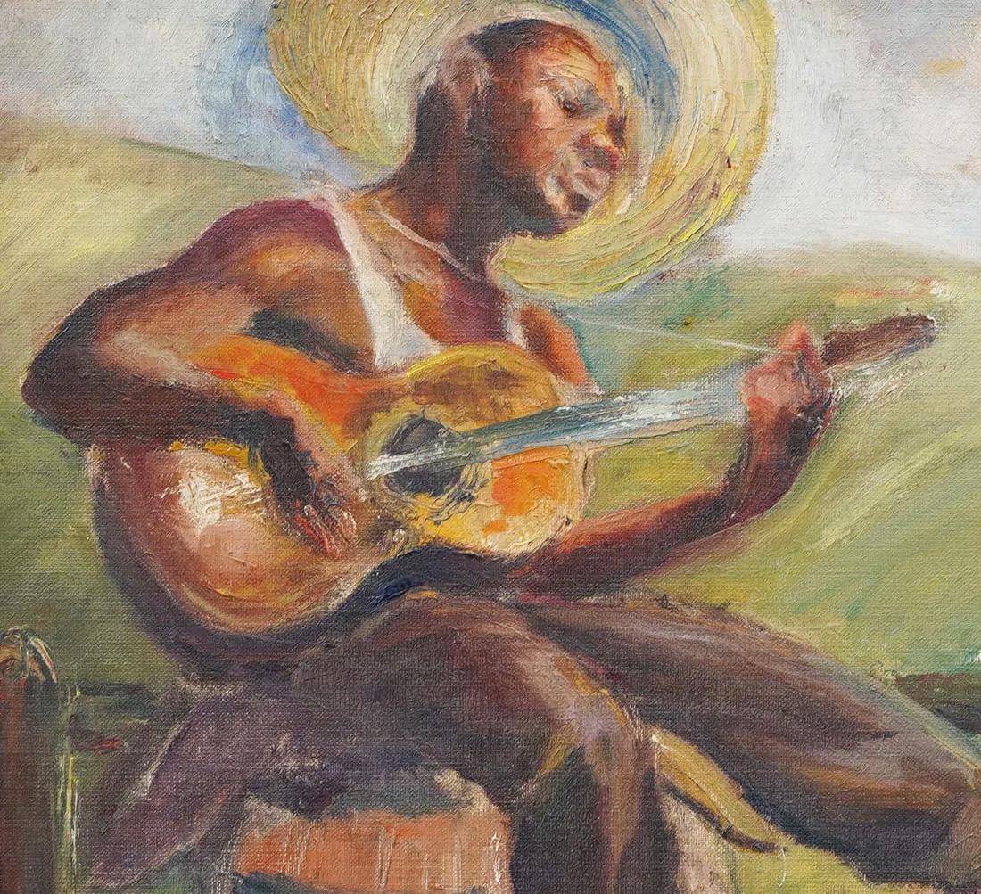 Antiguo cuadro al óleo enmarcado de un músico guitarrista de la Escuela Modernista Americana del Sur - Portrait Painting Marrón de Unknown