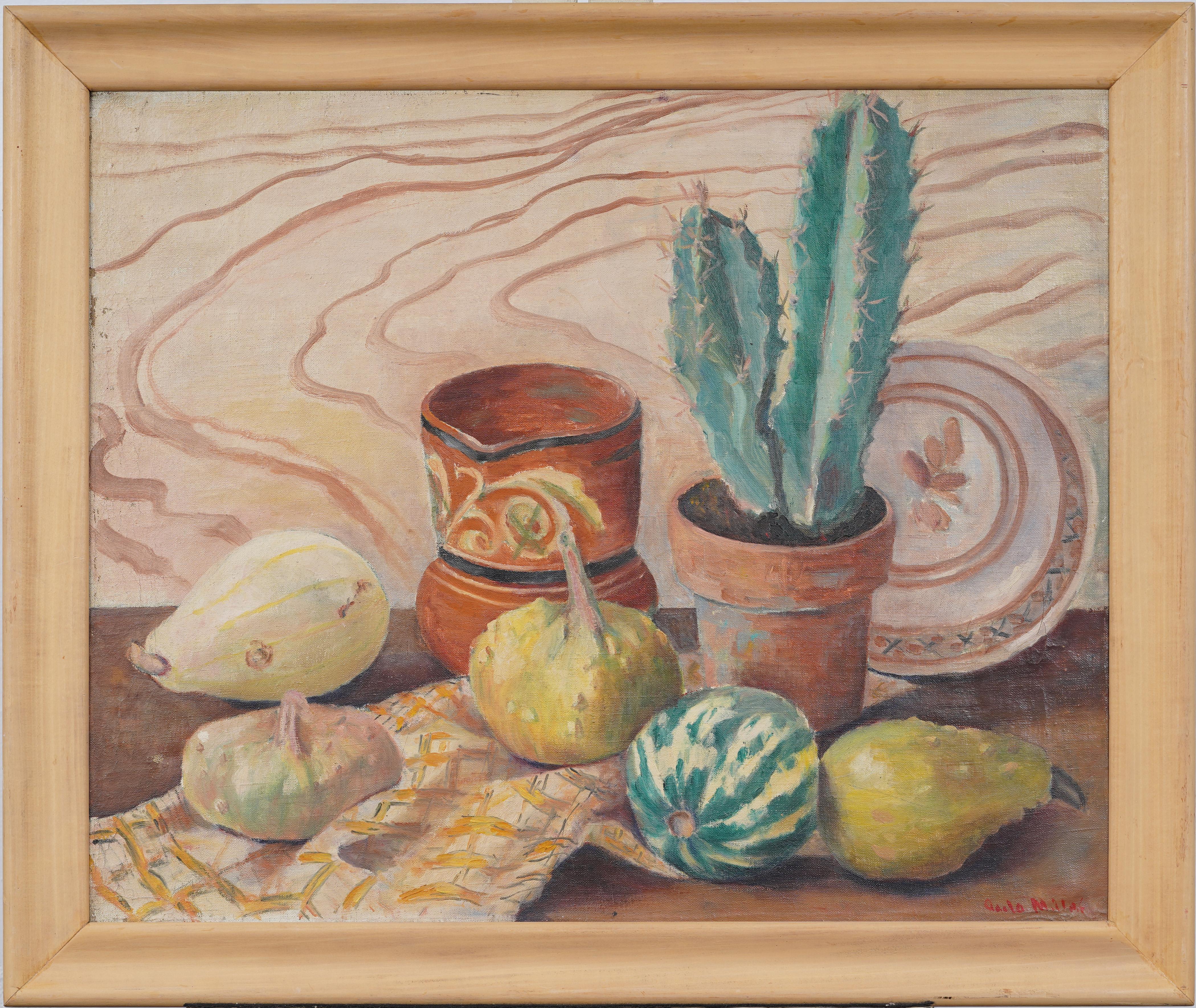 Antico quadro modernista americano del sud-ovest con natura morta di cactus, incorniciato e firmato - Painting di Unknown