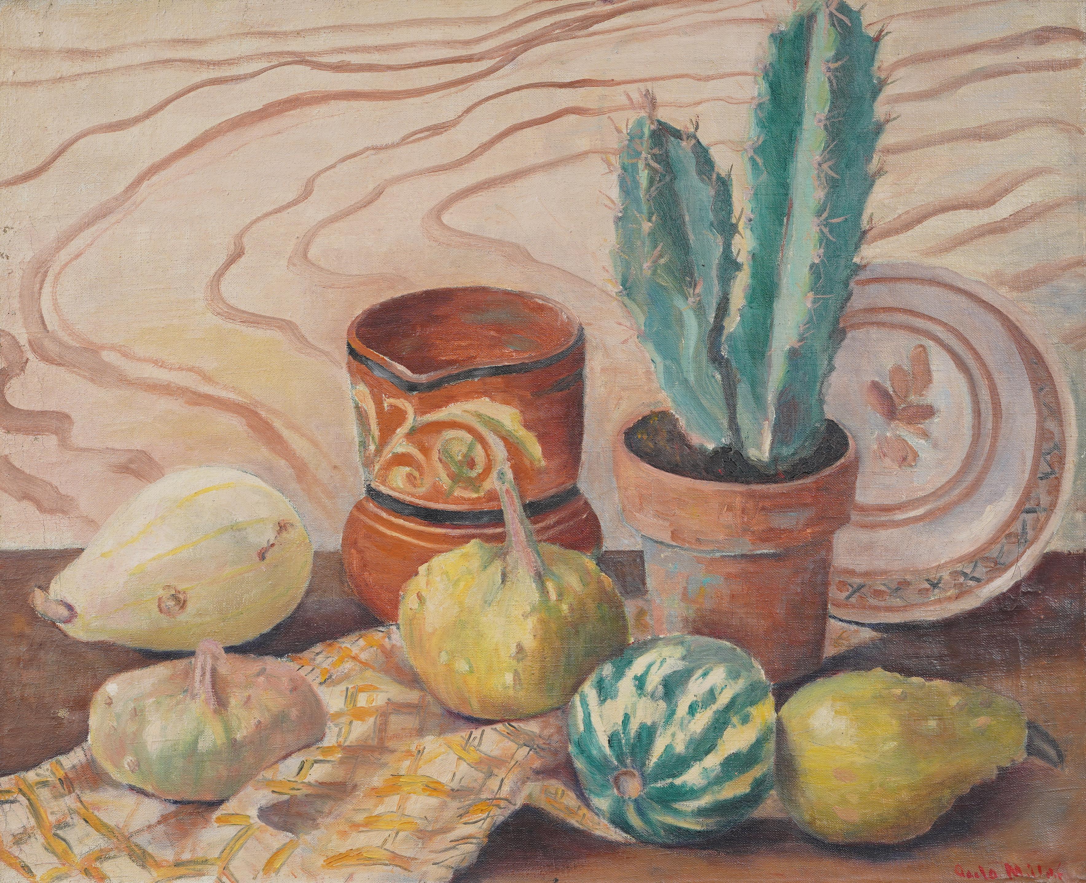 Antico quadro modernista americano del sud-ovest con natura morta di cactus, incorniciato e firmato - Painting Astratto di Unknown