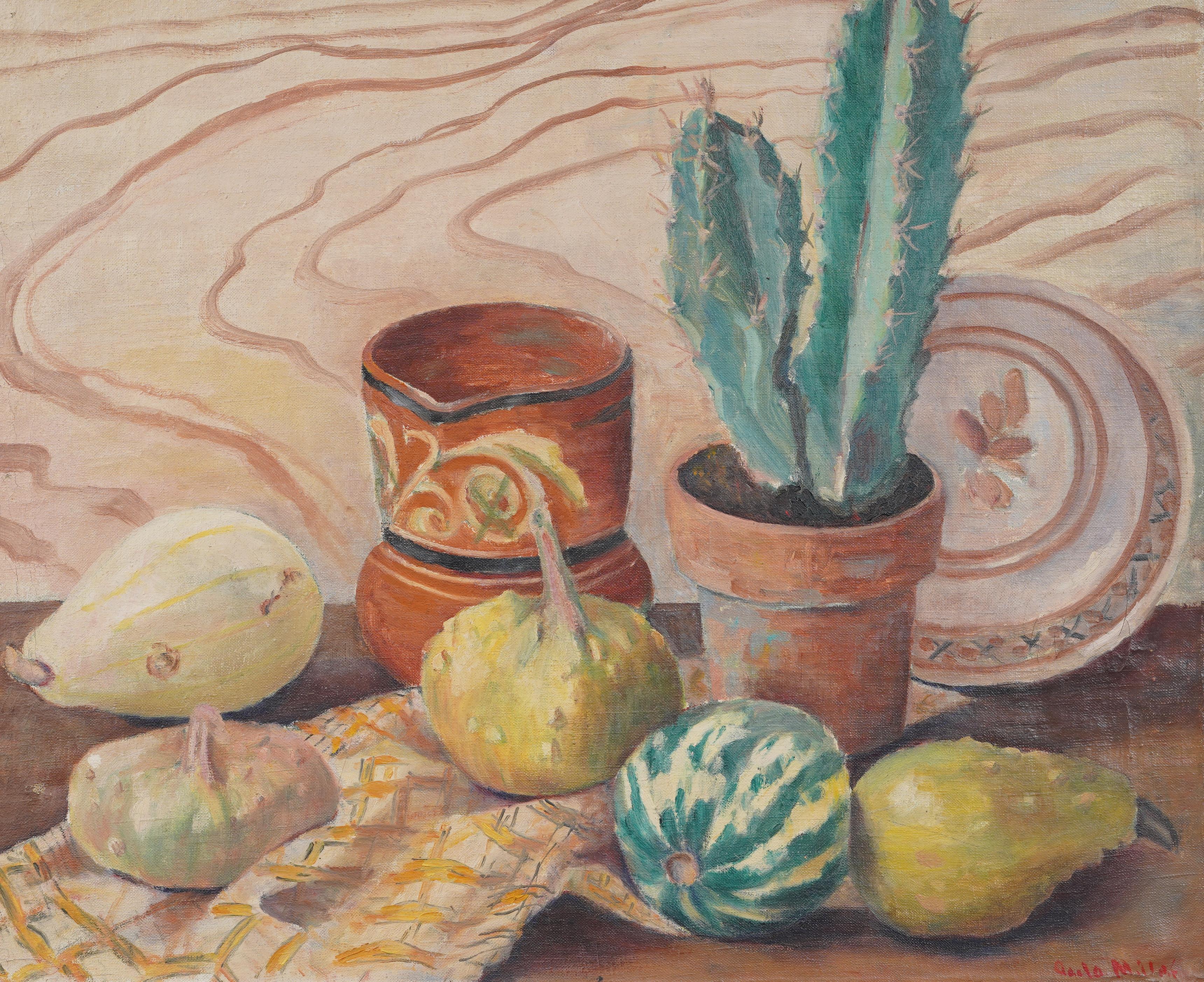 Antico quadro modernista americano del sud-ovest con natura morta di cactus, incorniciato e firmato - Interior Painting Marrone di Unknown