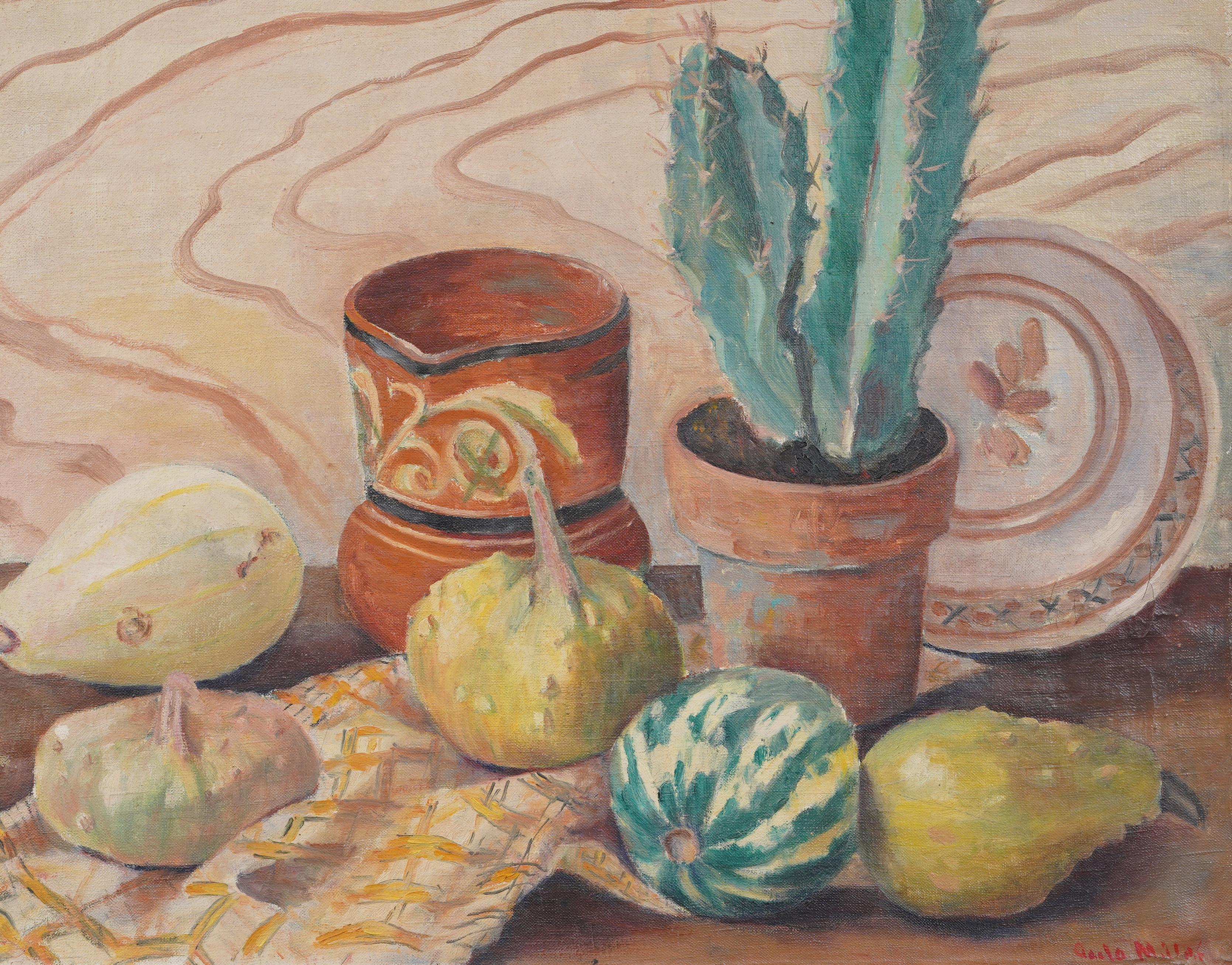 Meraviglioso dipinto a olio su natura morta di cactus dei primi anni del modernismo americano.  Incorniciato.  Olio su tela.  Firmato.  Dimensioni dell'immagine, 20H per 24L.