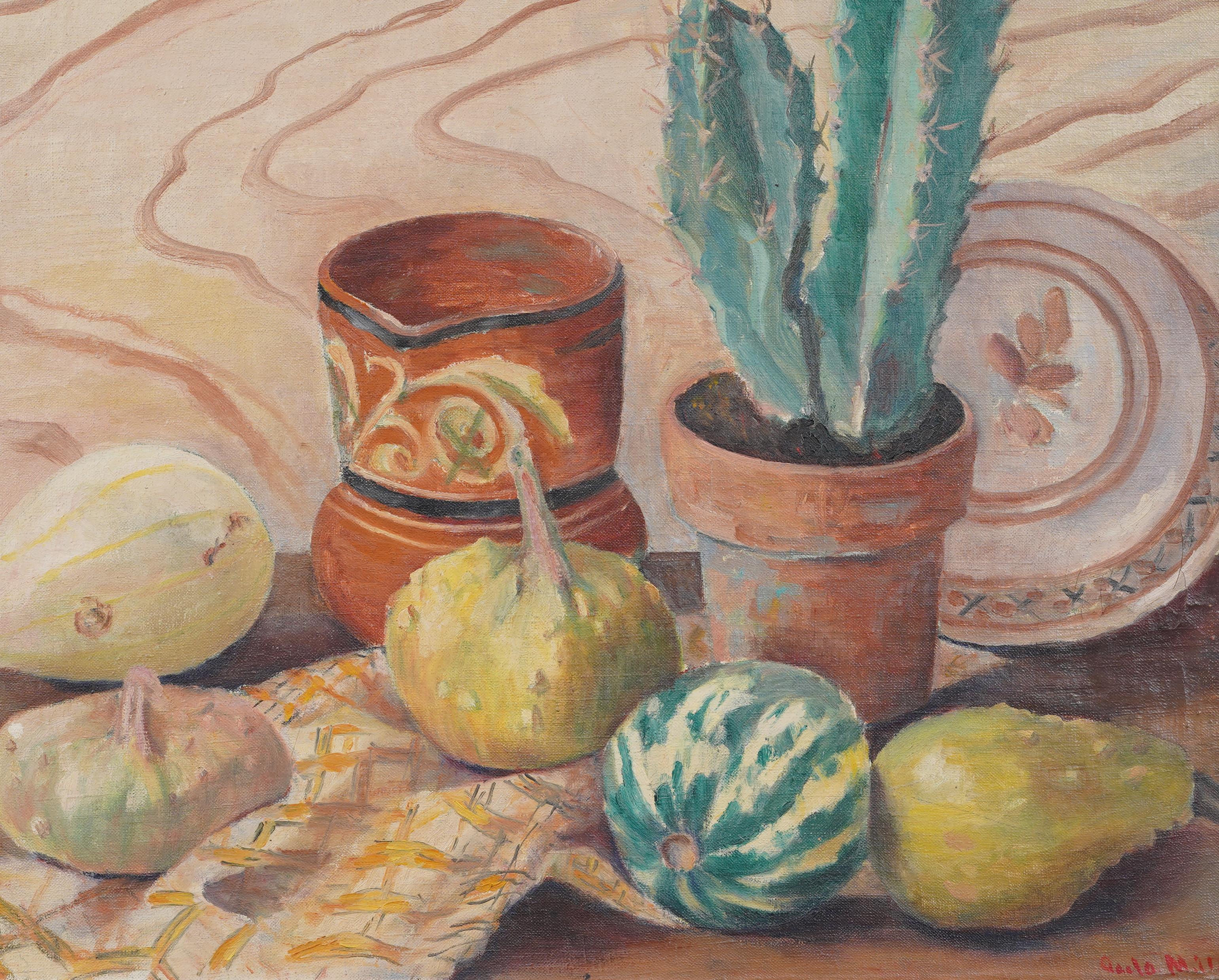Antico quadro modernista americano del sud-ovest con natura morta di cactus, incorniciato e firmato in vendita 1