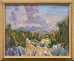 Ancienne peinture à l'huile de paysage de montagne encadrée de style moderniste américain du sud-ouest