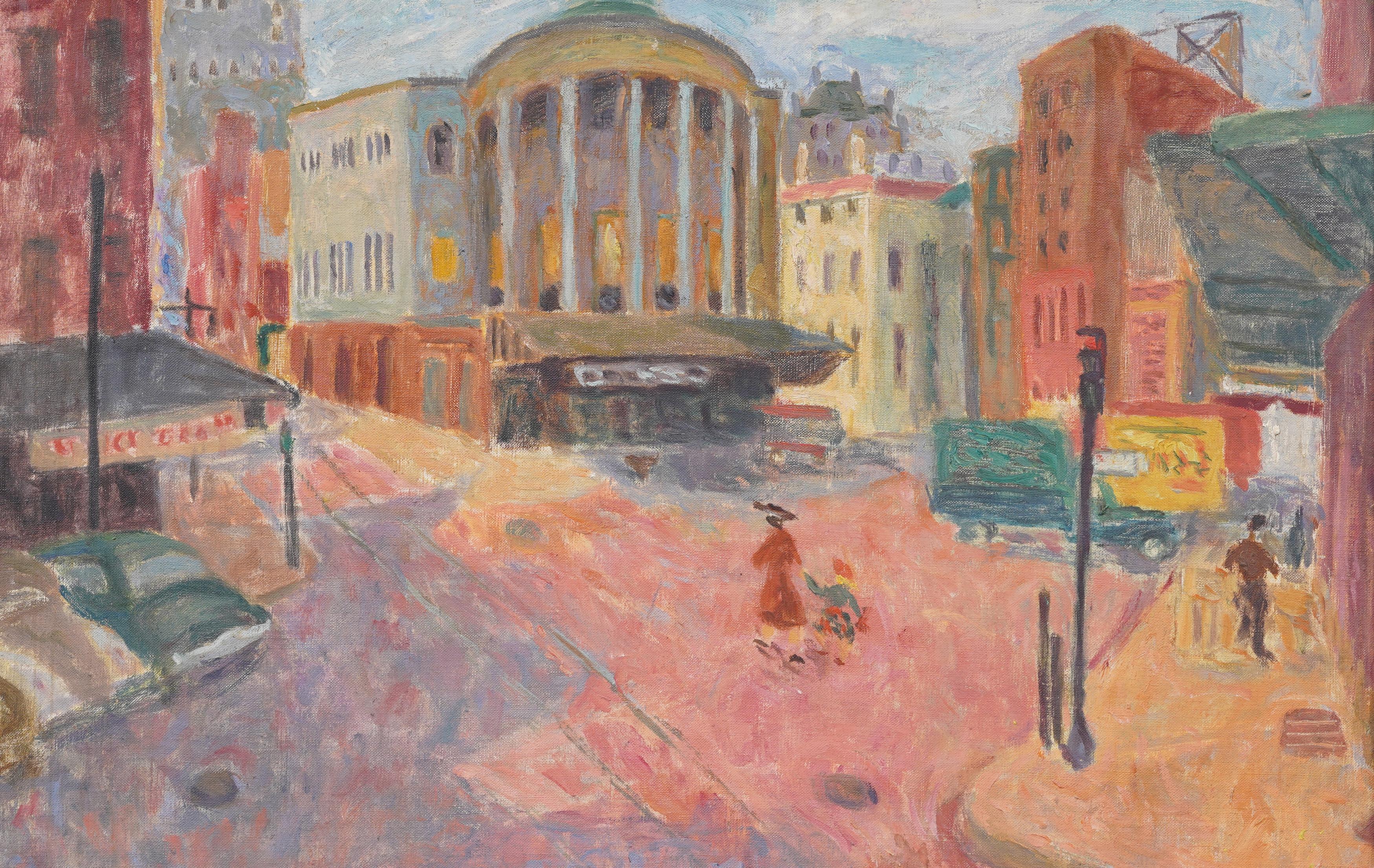 Ancienne peinture américaine moderniste de scène de rue encadrée à palette de couleurs fauviste - Marron Landscape Painting par Unknown