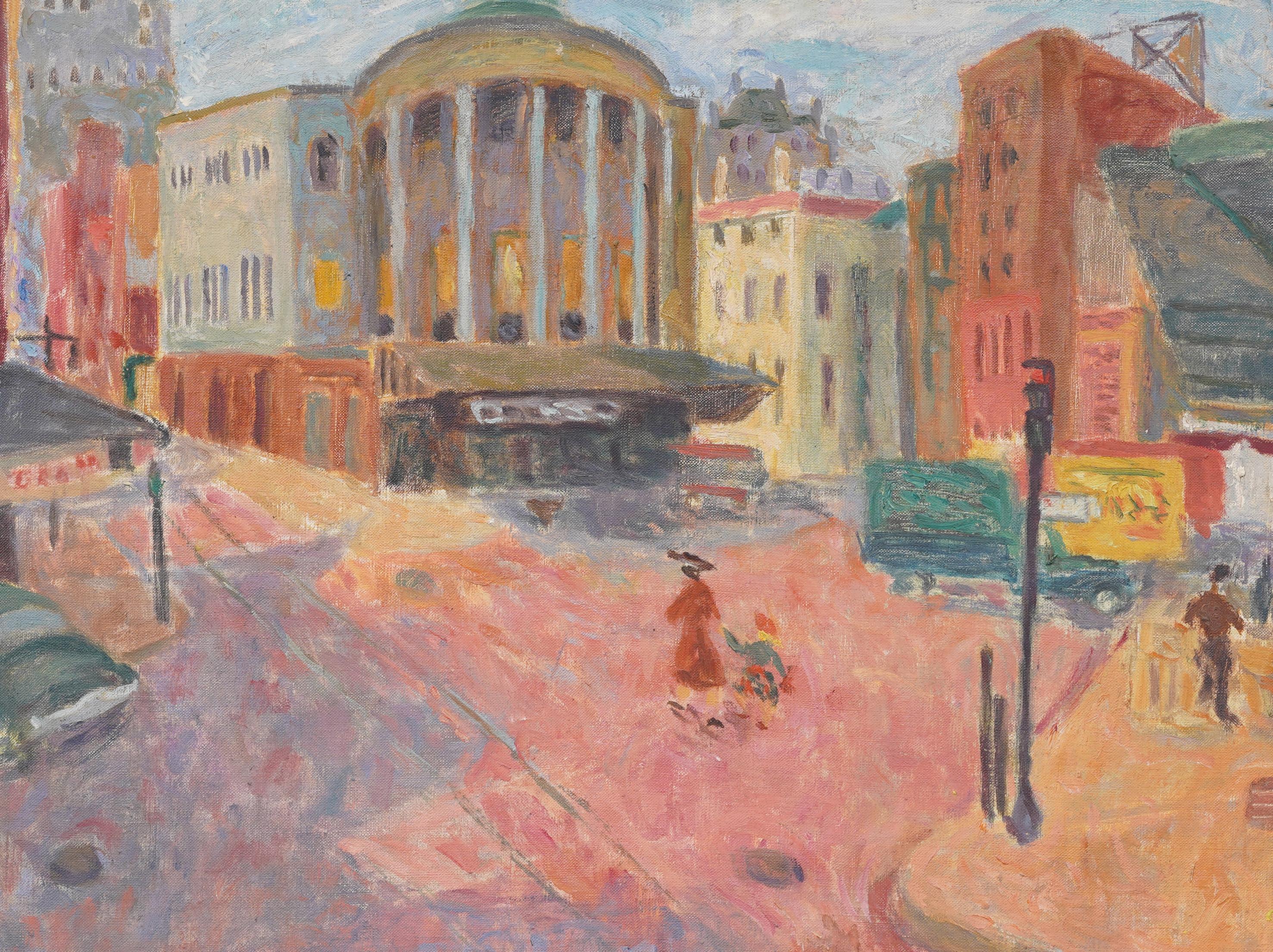 Impressionnante peinture à l'huile de scène de rue moderniste du début de l'Amérique.  Encadré.  Huile sur toile.     Très finement peinte avec d'excellentes couleurs et composition.  Prêt à être accroché.  