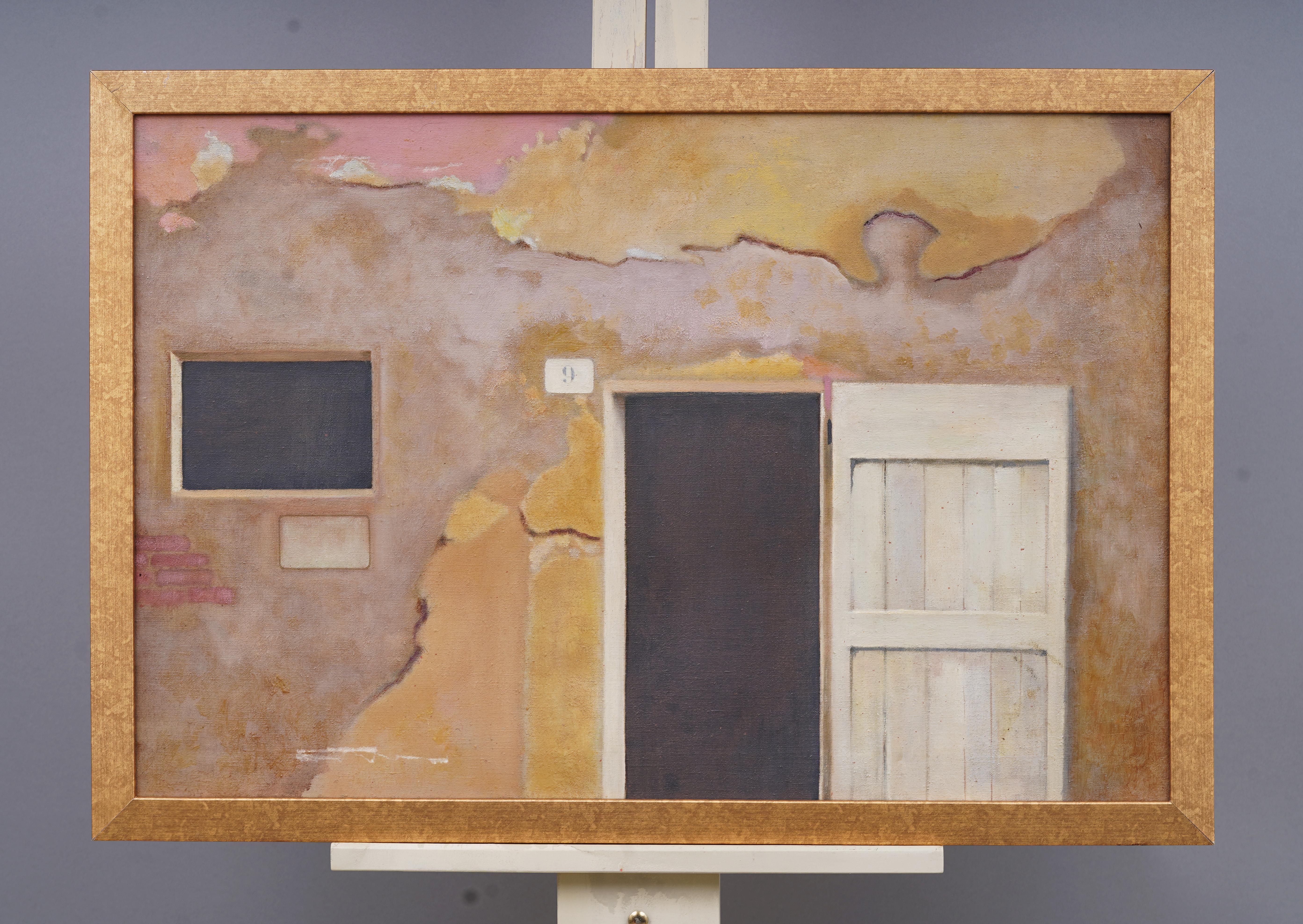 Antikes gerahmtes Gemälde der amerikanischen Moderne, Straßenszene, Trompe L'Oeil, Scheunentür, gerahmt – Painting von Unknown