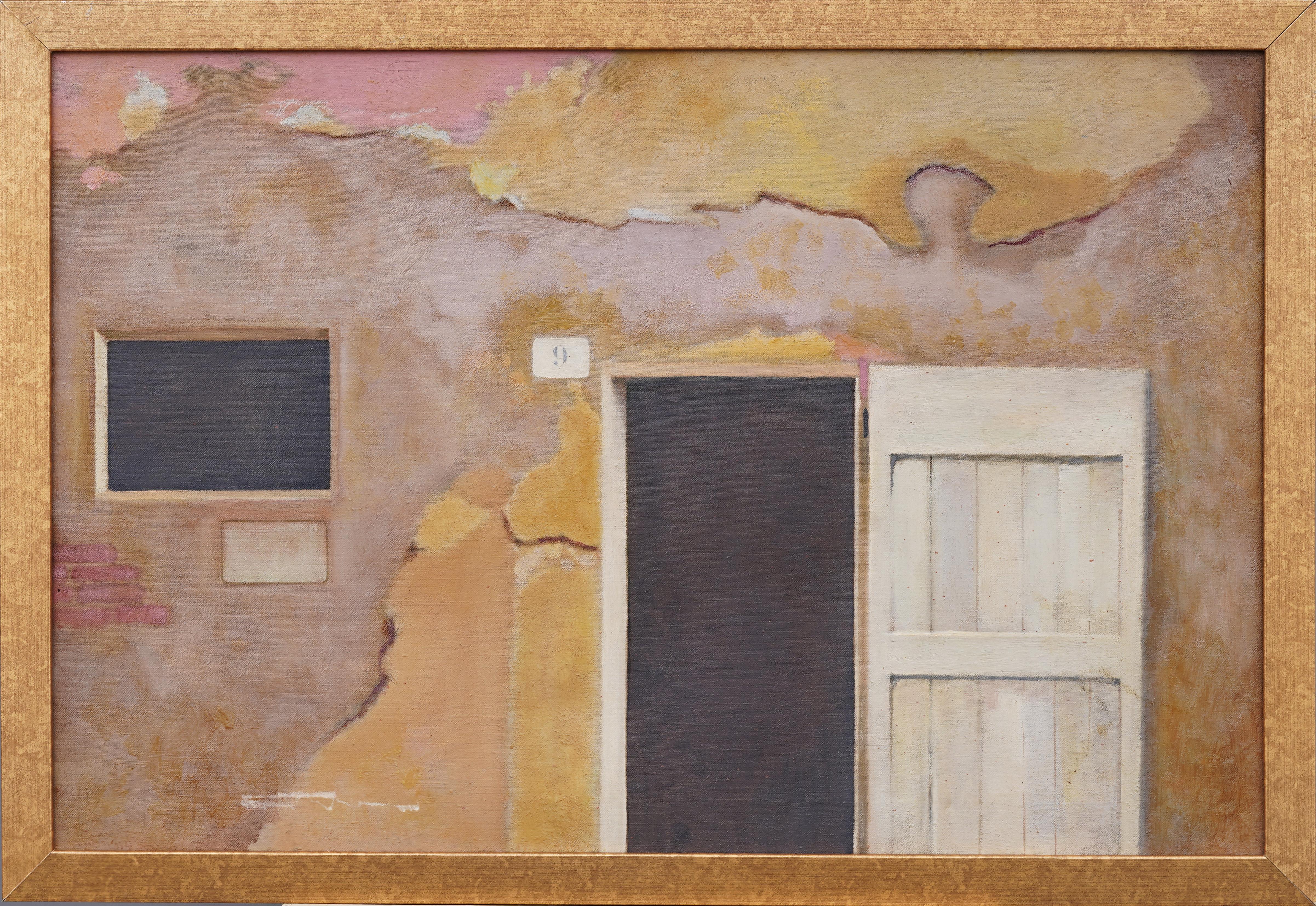 Antikes gerahmtes Gemälde der amerikanischen Moderne, Straßenszene, Trompe L'Oeil, Scheunentür, gerahmt (Realismus), Painting, von Unknown