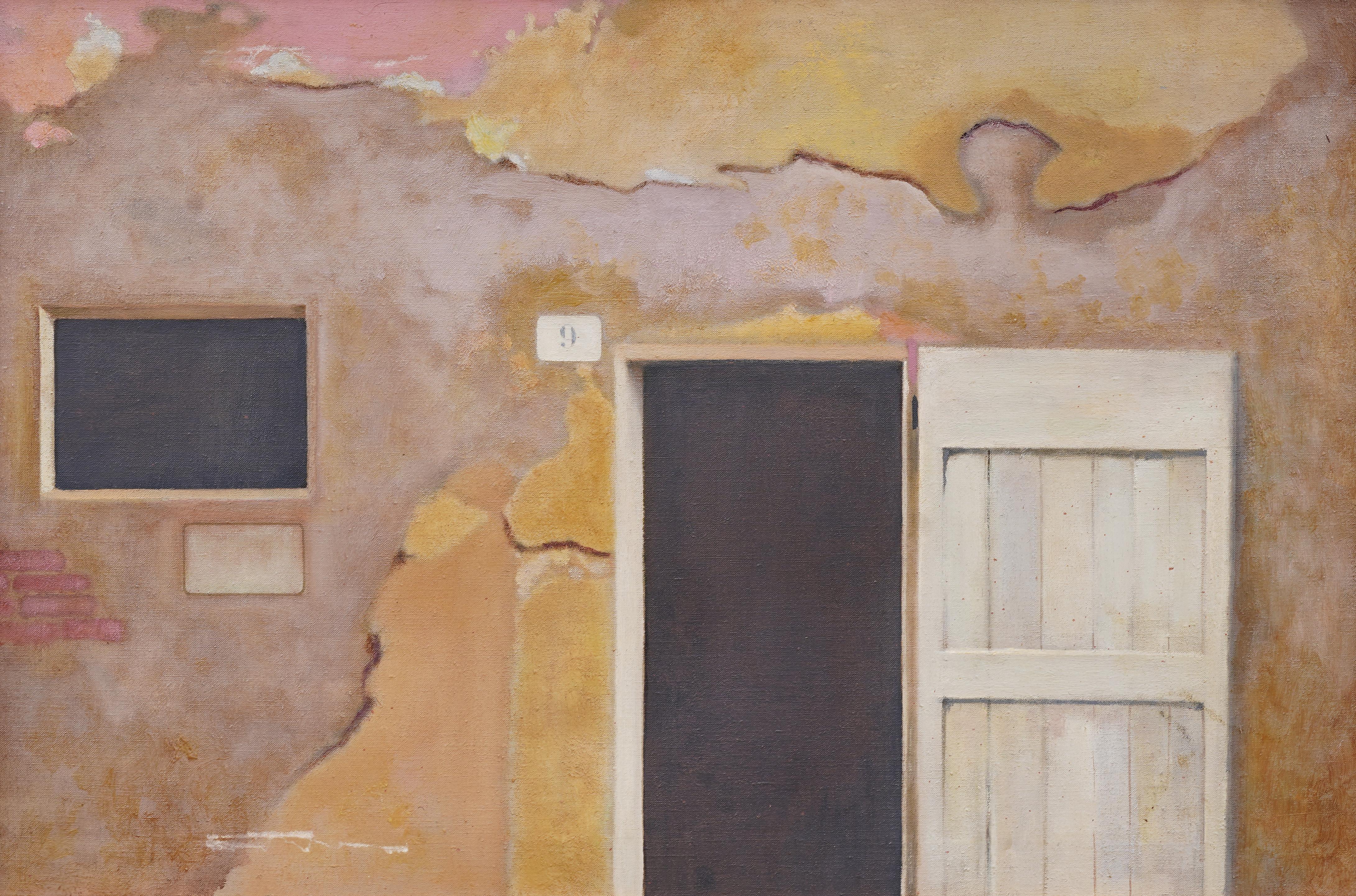 Antique American Modernist Street Scene Trompe L'Oeil Barn Door Framed Painting For Sale 2