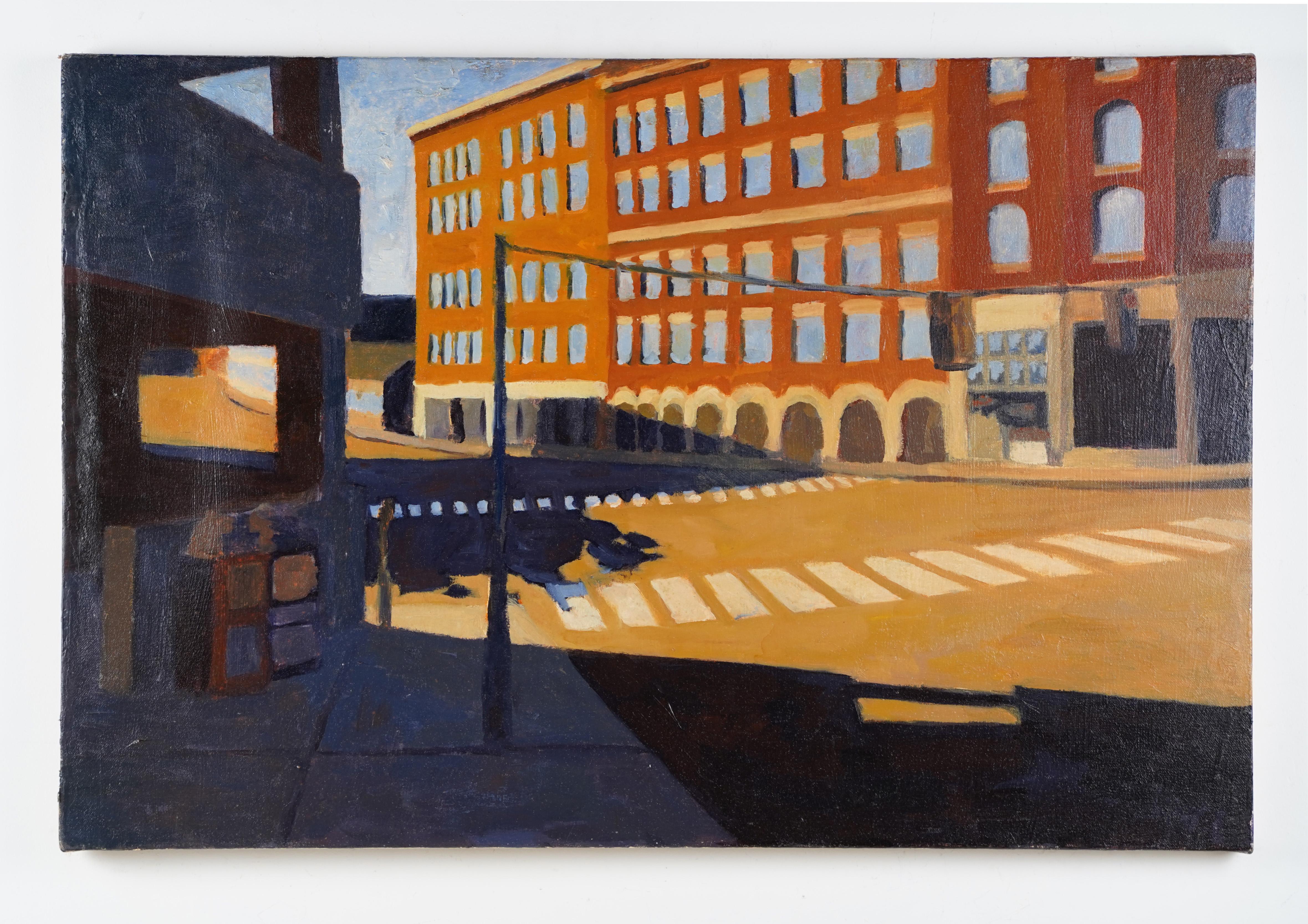 Antico quadro di strada modernista americano, pittura a olio originale d'epoca - Painting Moderno di Unknown
