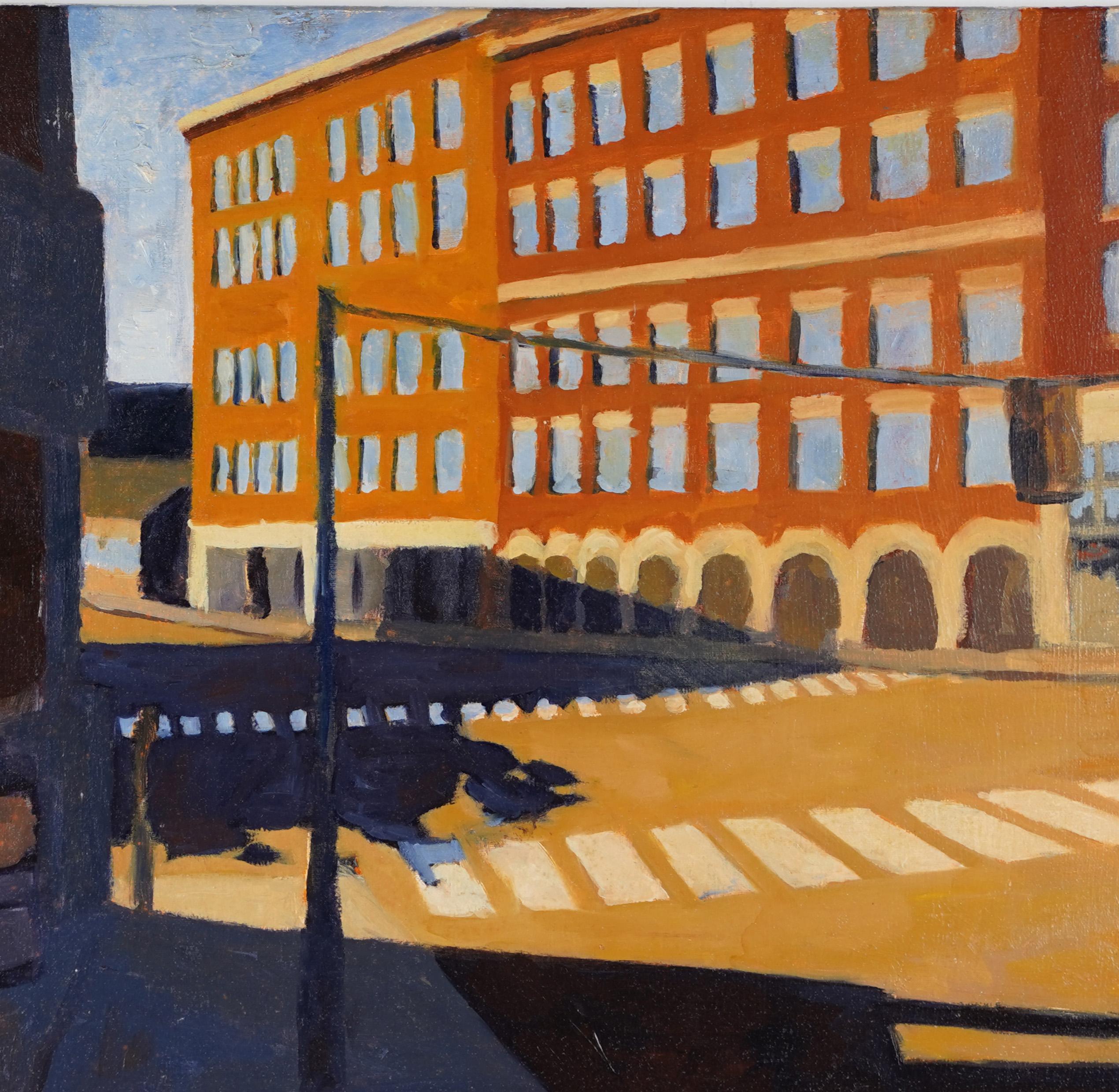 Vintage American school modernist cityscape painting.  Oil on canvas, wrapped to board.  No signature found.  
