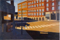 Retro American Modernist Street Scene Vintage Original Oil Painting