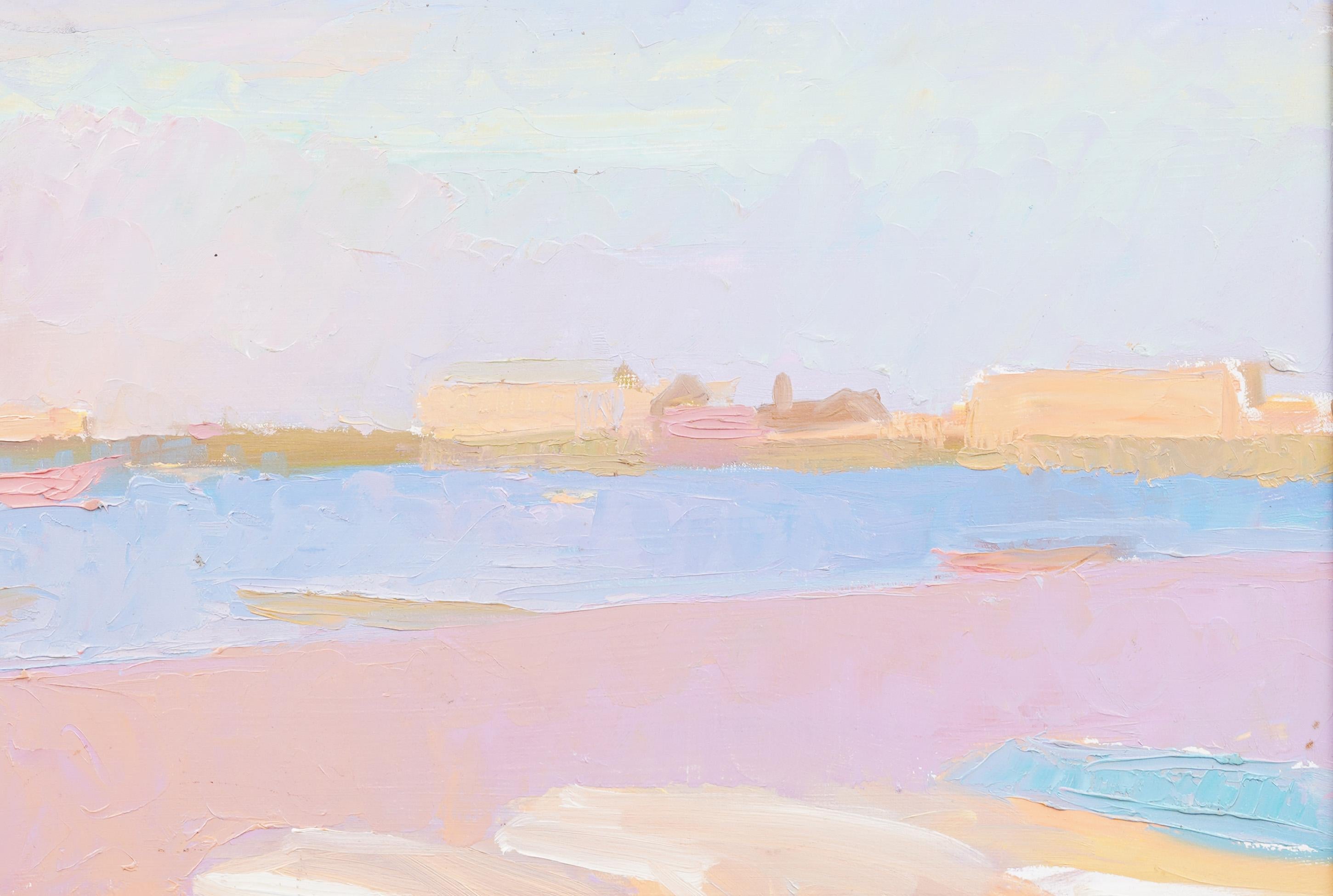 Très impressionnante scène de plage du milieu du 20e siècle.  De belles couleurs.  Joli cadre vintage.  Huile sur planche.  Aucune signature n'a été trouvée.  Taille de l'image, 12H x16L.