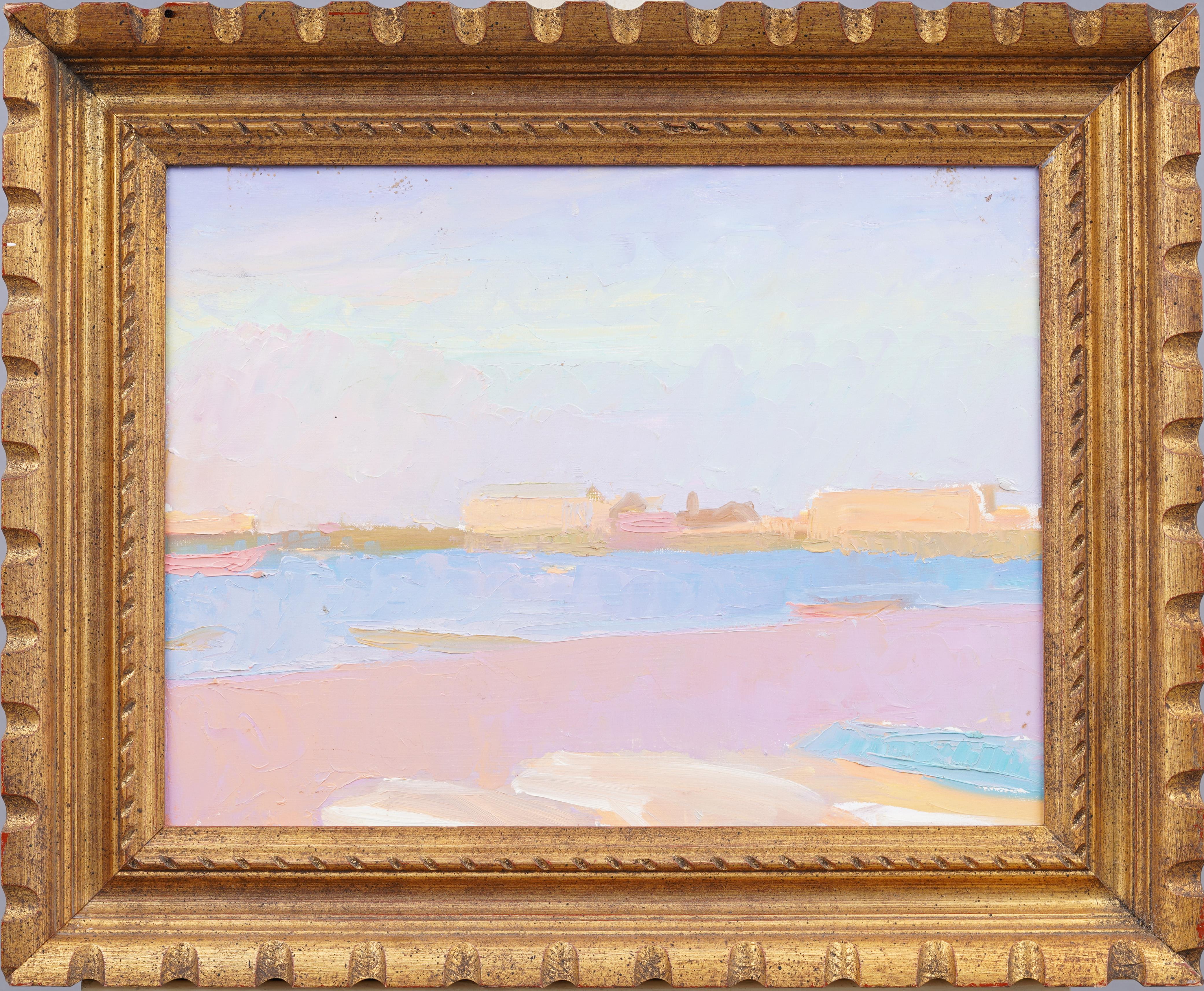 Unknown Abstract Painting – Antikes amerikanisches modernistisches Ölgemälde mit Sommer-, Strand- und Meeresszene, gerahmt, Hamptons