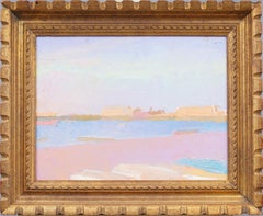 Ancienne peinture à l'huile américaine moderniste représentant une scène de plage d'été encadrée des Hamptons