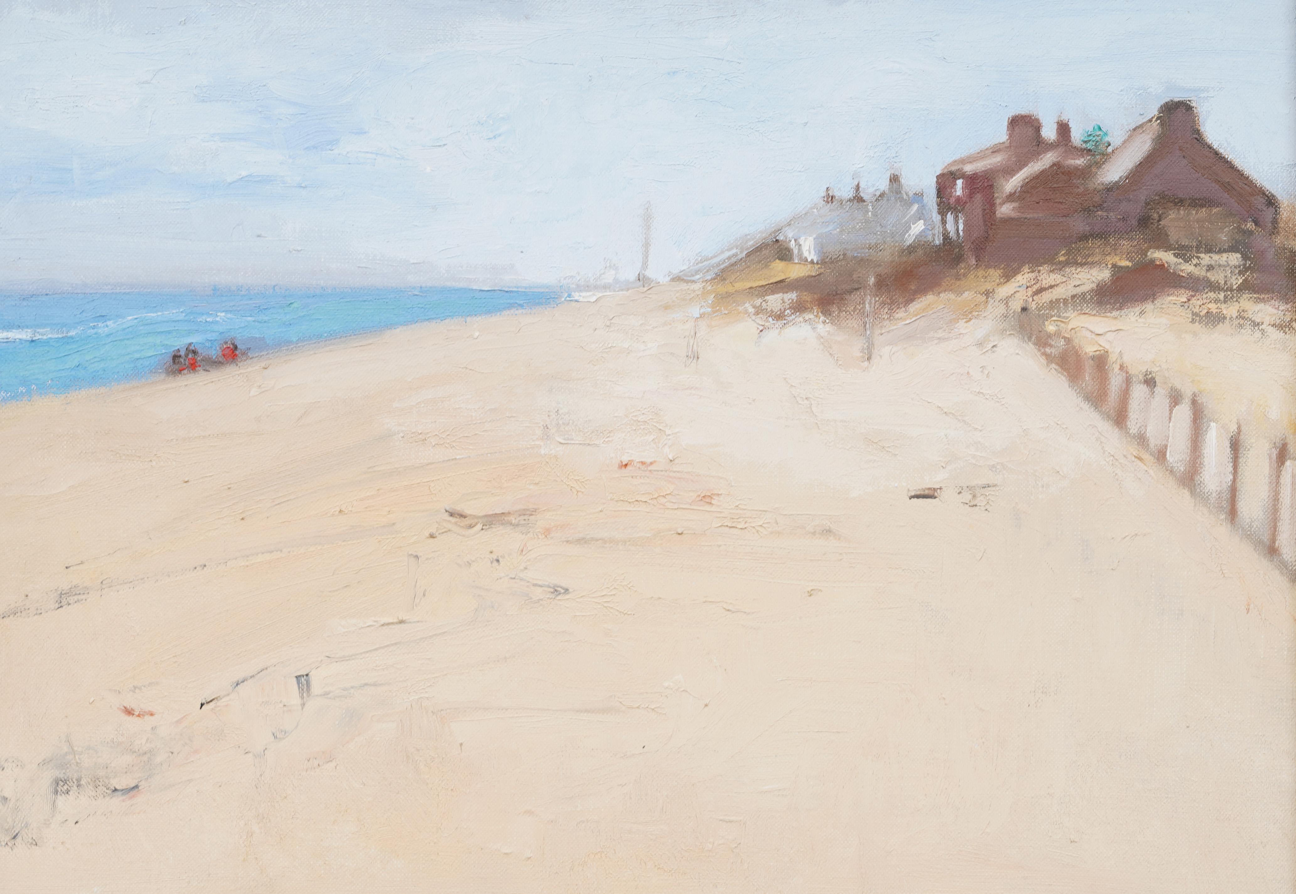 Antike amerikanische Modernist Sommer in East Hampton Strand Szene signiert Gemälde (Grau), Abstract Painting, von Unknown