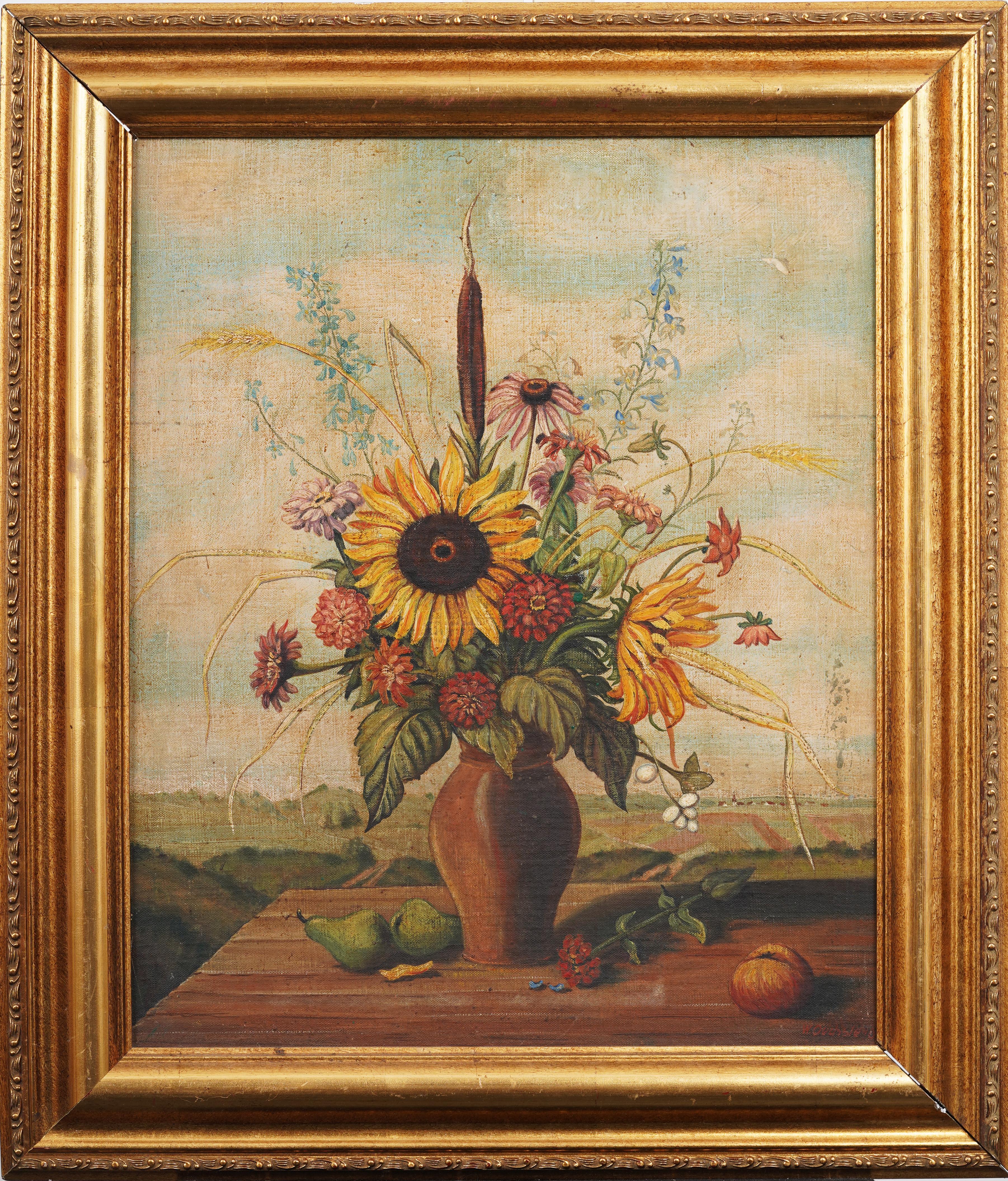 Antique American Modernist SunFlower Still Life Framed Landscape Oil Painting - Brown Still-Life Painting by Unknown