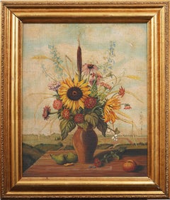 Antique American Modernist SunFlower Still Life Framed Landscape Oil Painting