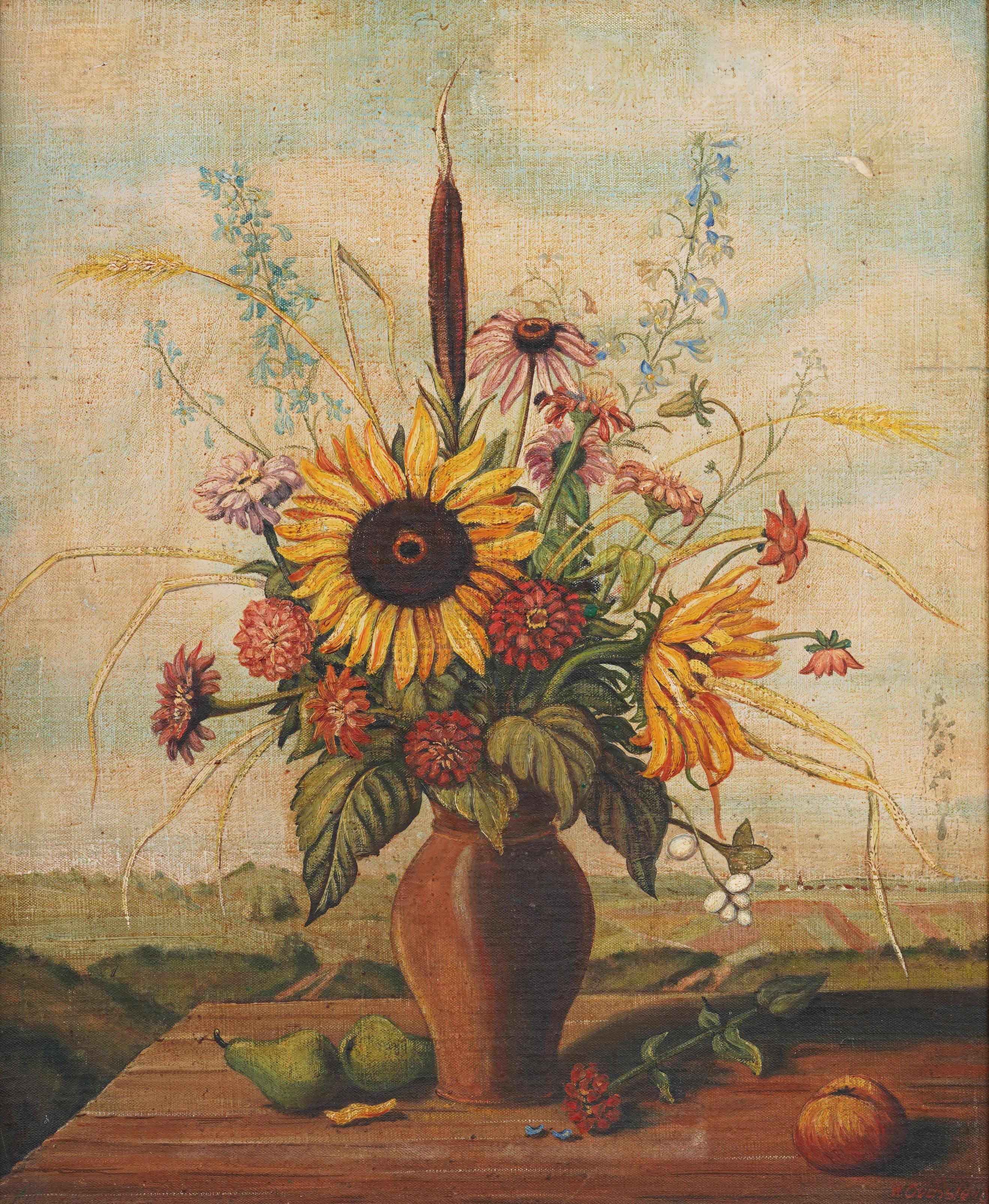 Antique American school modernist still life painting.   Oil on board.  Signed.  Framed.  In excellent original condition.  Handsomely framed in a gold giltwood molding.  Excellent condition, ready to hang and enjoy. 
