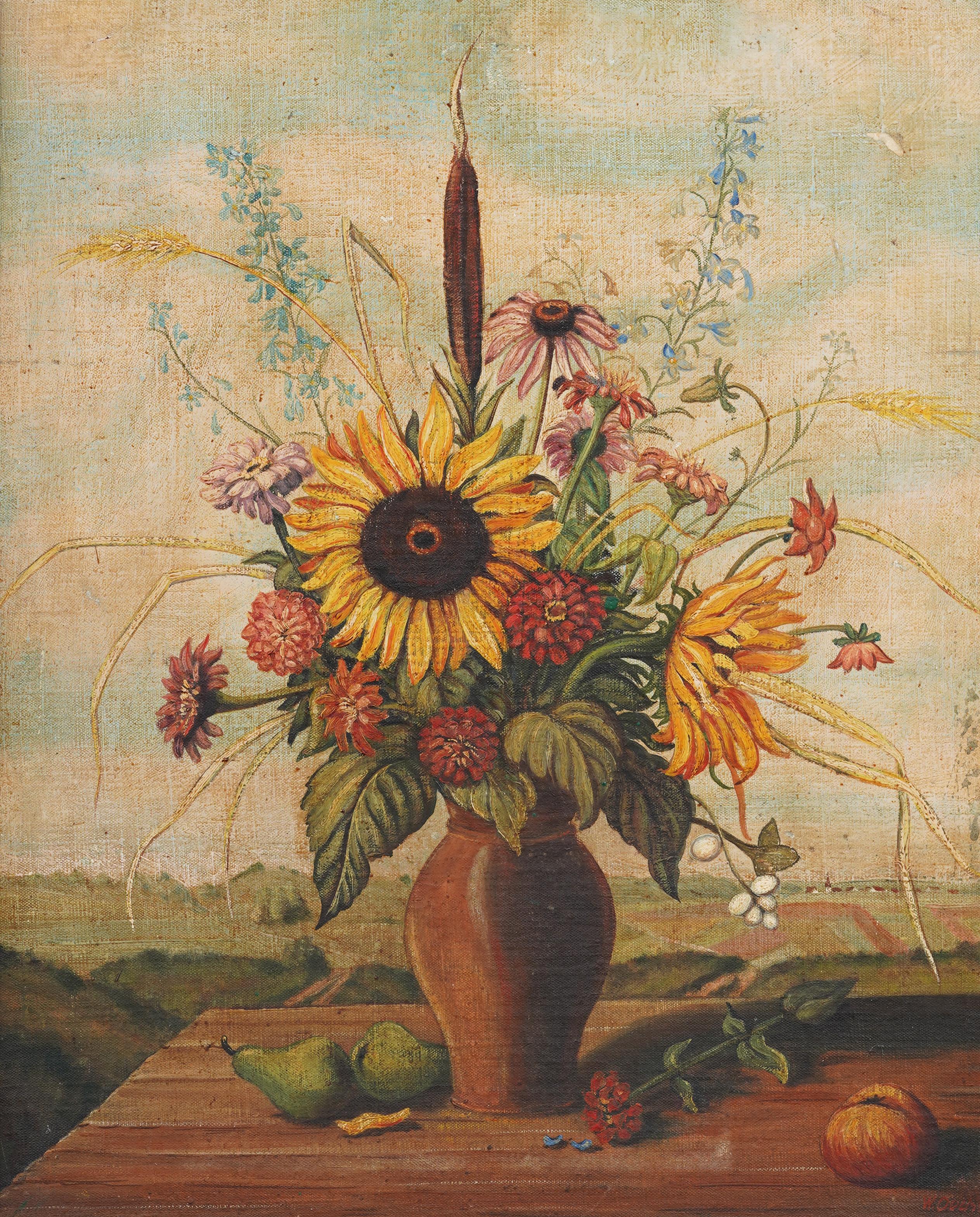 Antique American Modernist SunFlower Still Life Framed Landscape Oil Painting For Sale 1