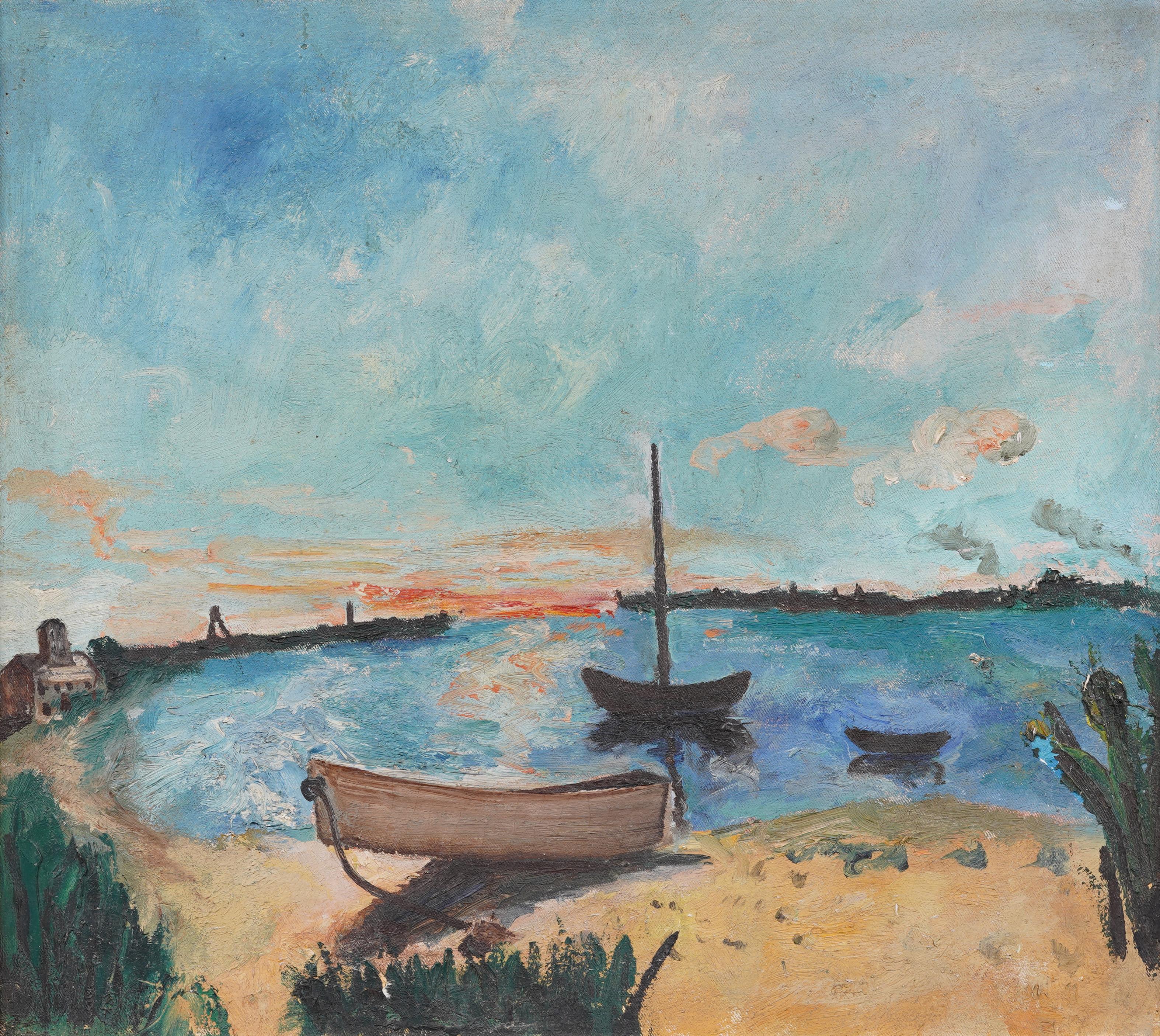 Antico dipinto ad olio modernista americano con cornice, paesaggio marino al tramonto e scena di porto - Painting Moderno di Unknown