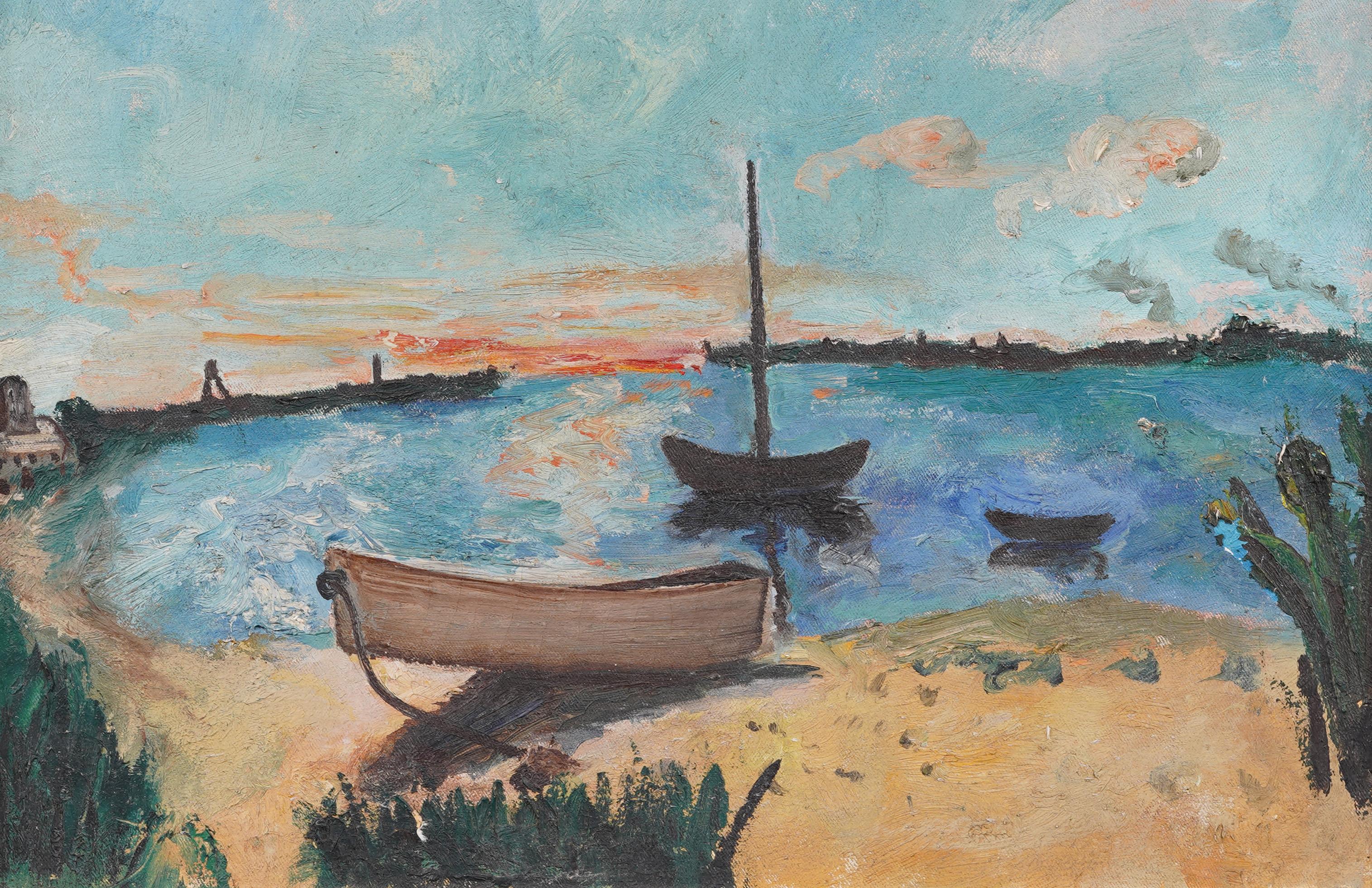 Meraviglioso dipinto modernista del tramonto americano.  Olio su tela.  Incorniciato.  Nessuna firma trovata.  Misura 22 per 24 pollici complessivi e le dimensioni dell'immagine sono di 20 per 18 pollici.