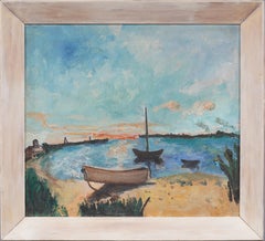 Antique American Modernist Sunset Seascape Harbor Scene Framed Oil Painting