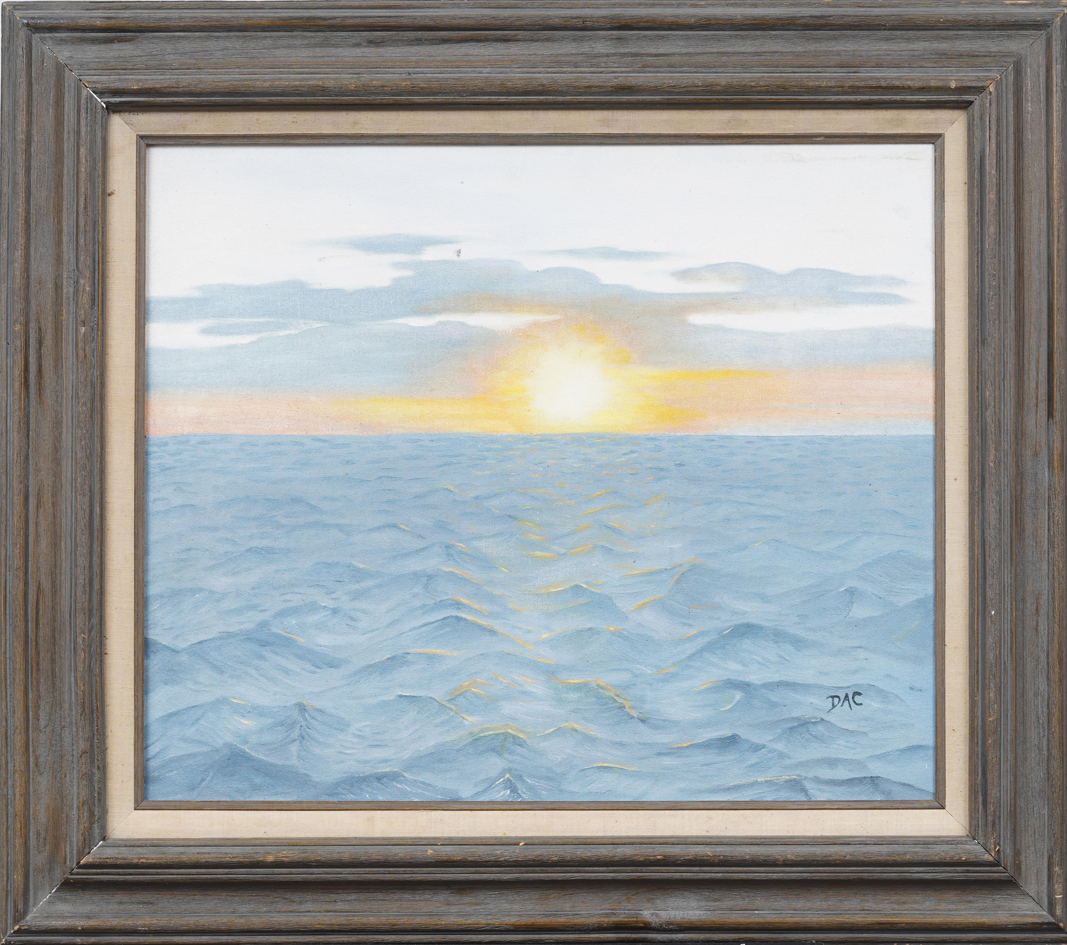 Antique American Modernist Sunset Seascape Signed Framed Rolling Waves Painting - Gray Landscape Painting by Unknown