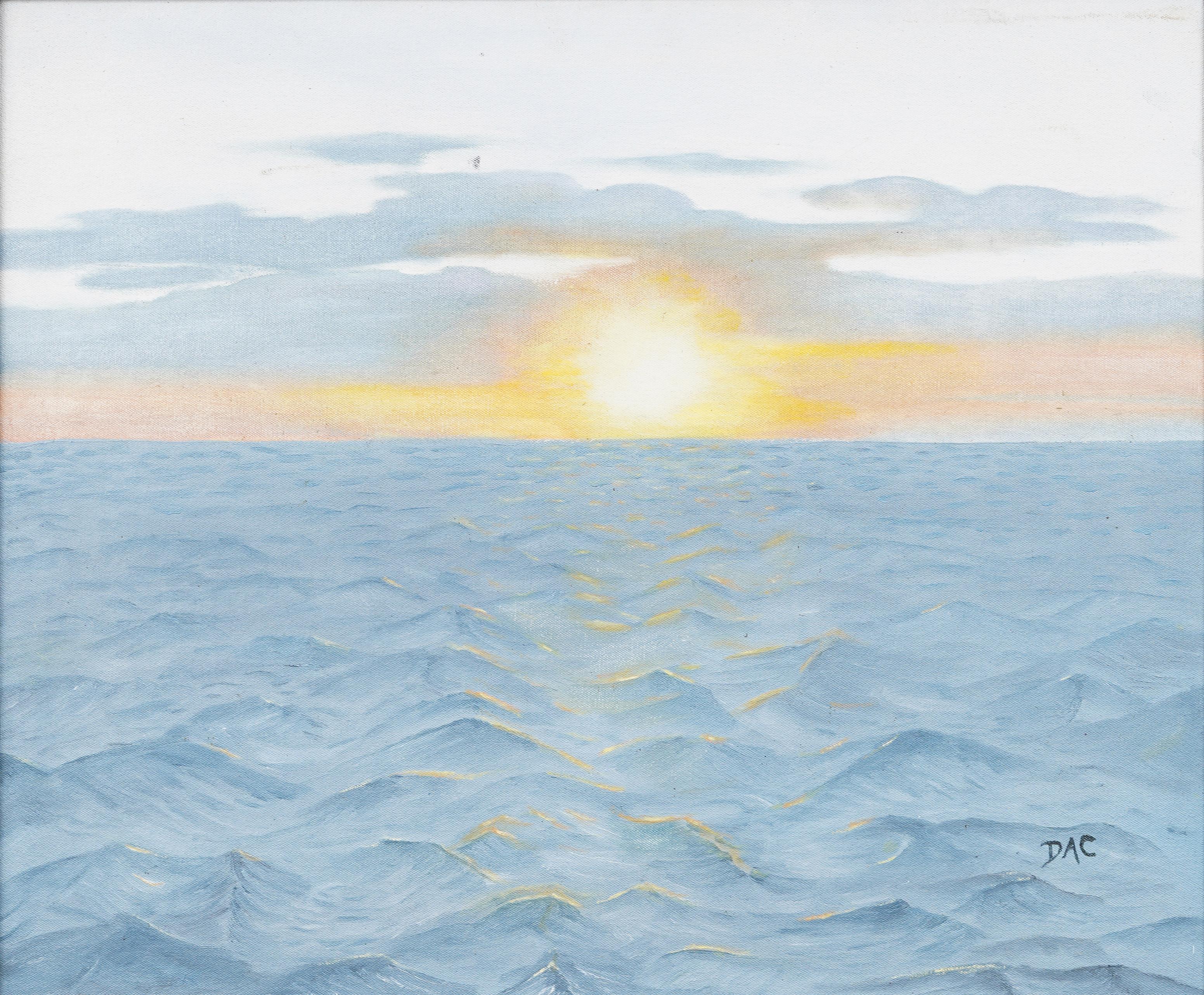 Antique American school modernist seascape sunset oil painting. Oil on canvas. Signed. Framed. Measuring: 28 by 32 inches overall, and 20 by 24 painting alone..  In excellent original condition. Handsomely framed in a  modern wood molding. 