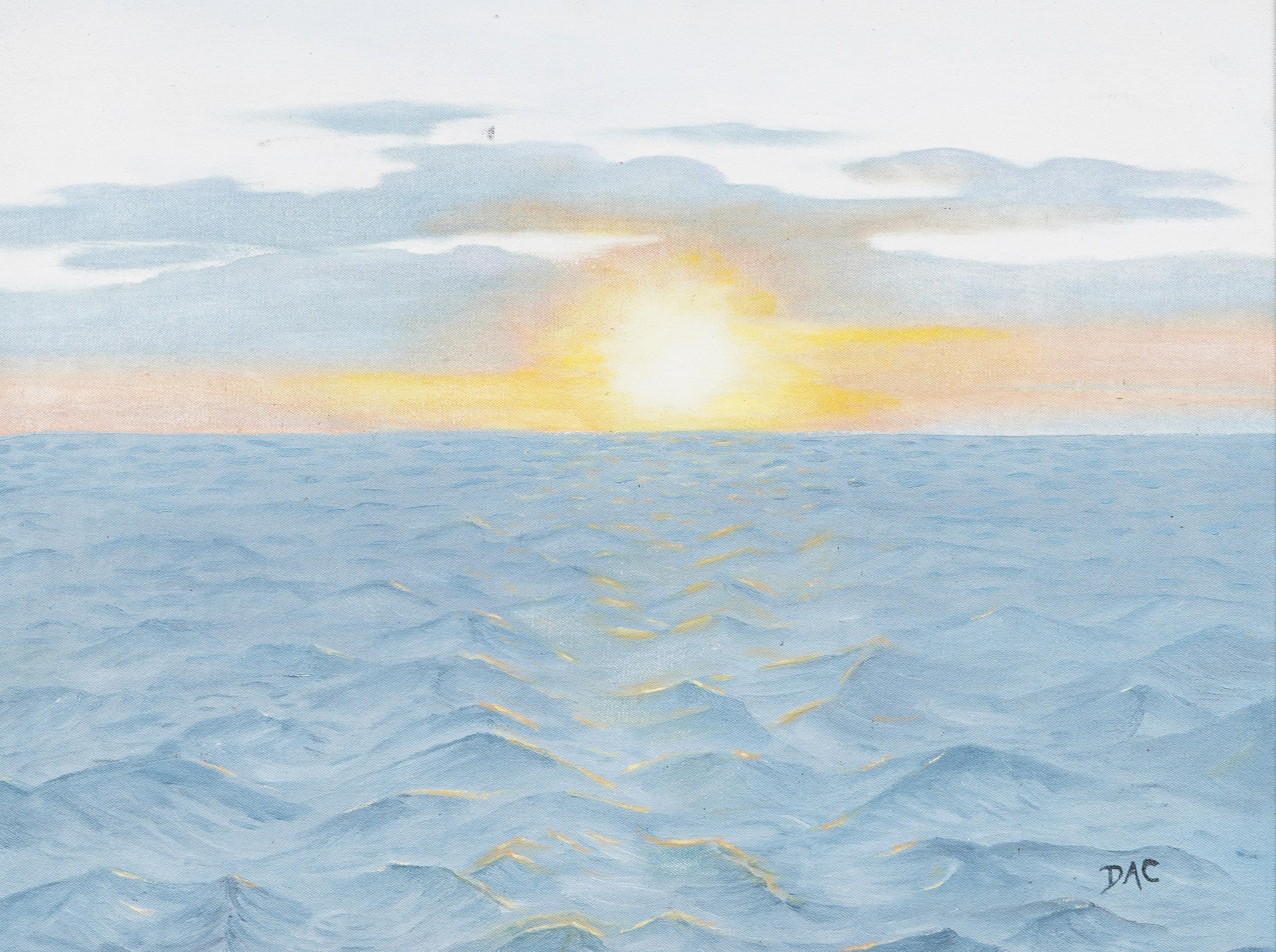 Antique American Modernist Sunset Seascape Signed Framed Rolling Waves Painting For Sale 1