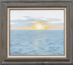 Antique American Modernist Sunset Seascape Signed Framed Rolling Waves Painting