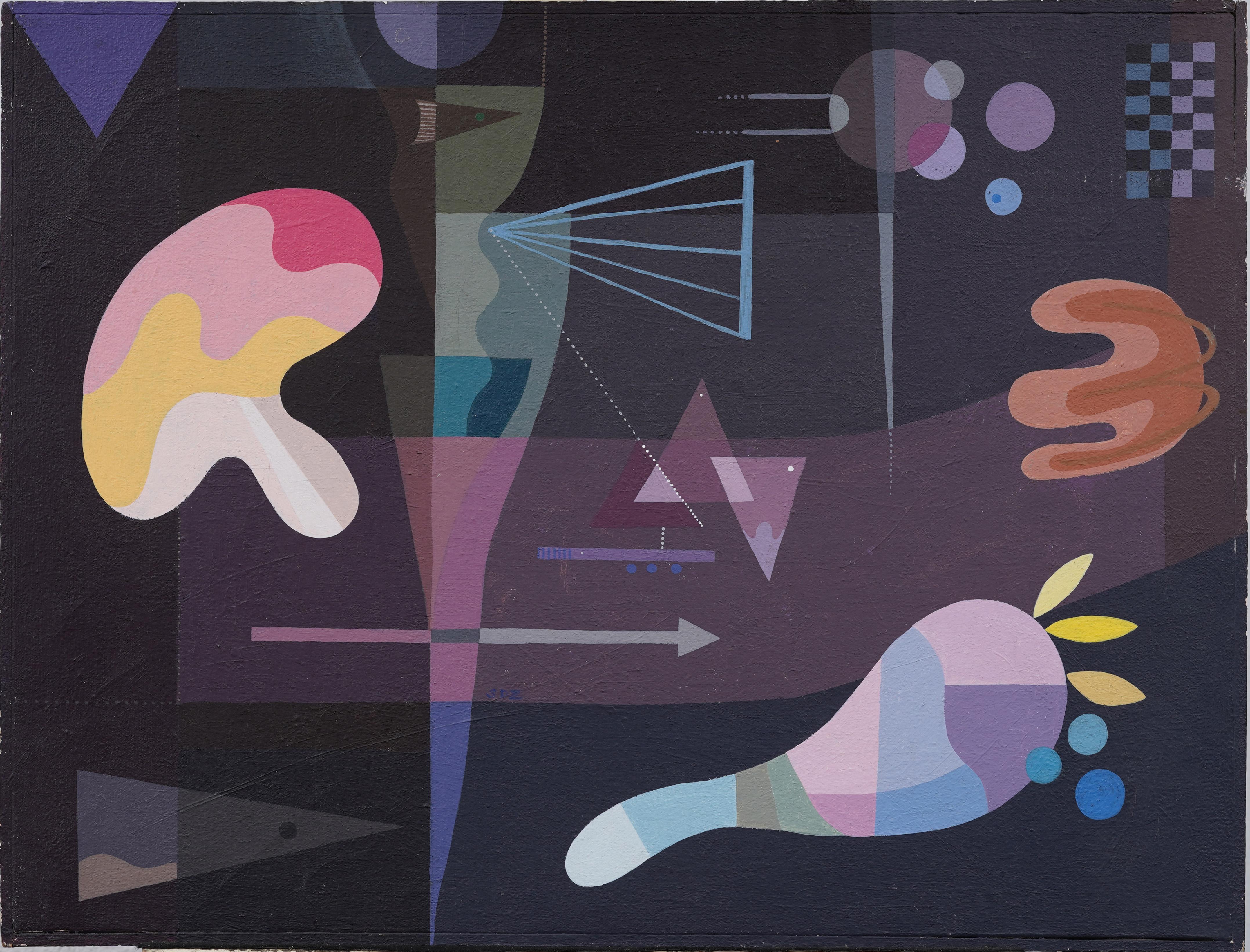 Antiguo cuadro al óleo de naturaleza muerta abstracta, surrealista y modernista americano enmarcado - Painting de Unknown