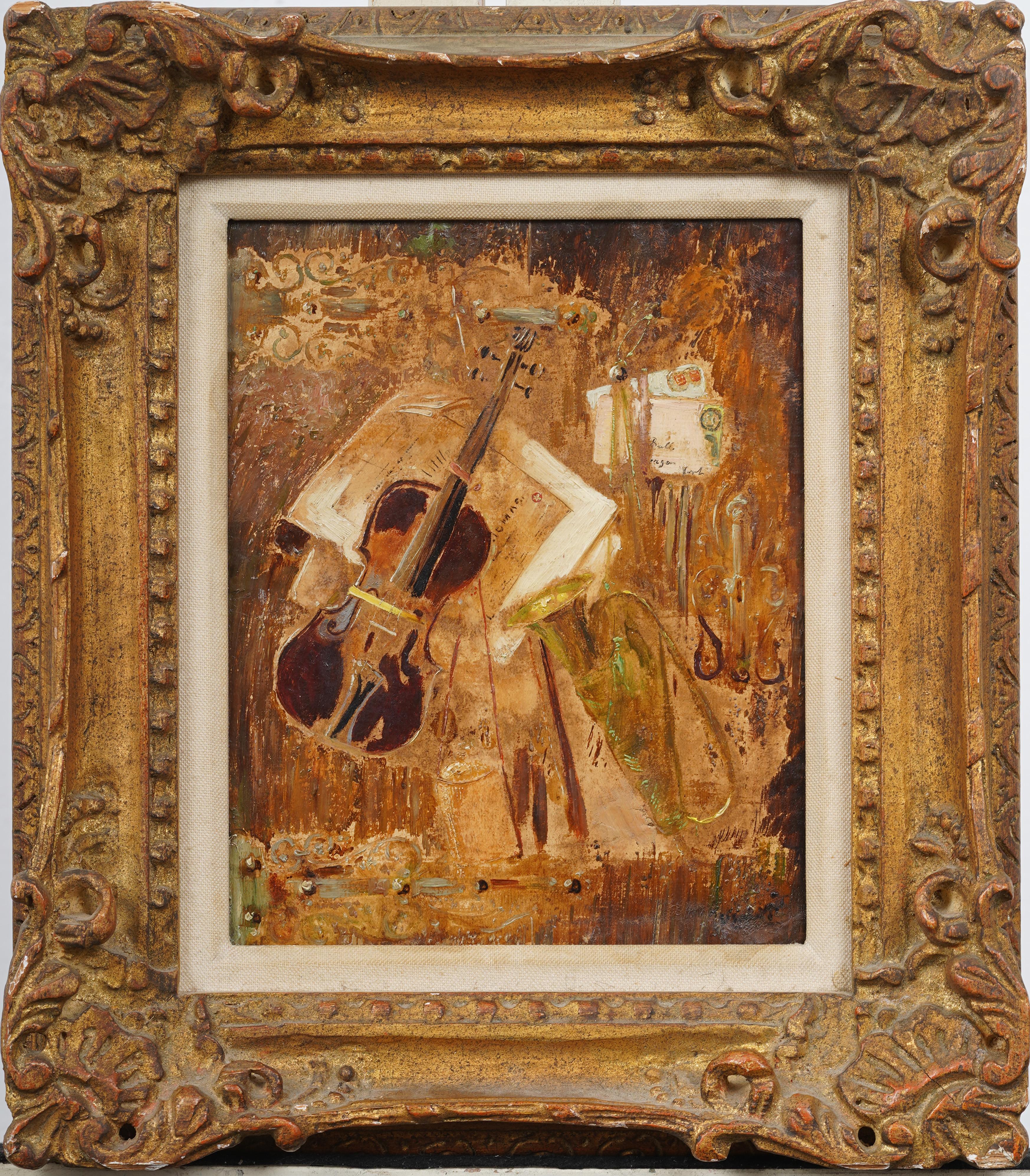 Antique American Modernist Surreal Musical Abstract Guitar Violin Oil Painting - Brown Abstract Painting by Unknown