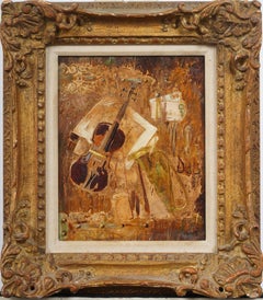 Antique American Modernist Surreal Musical Abstract Guitar Violin Oil Painting