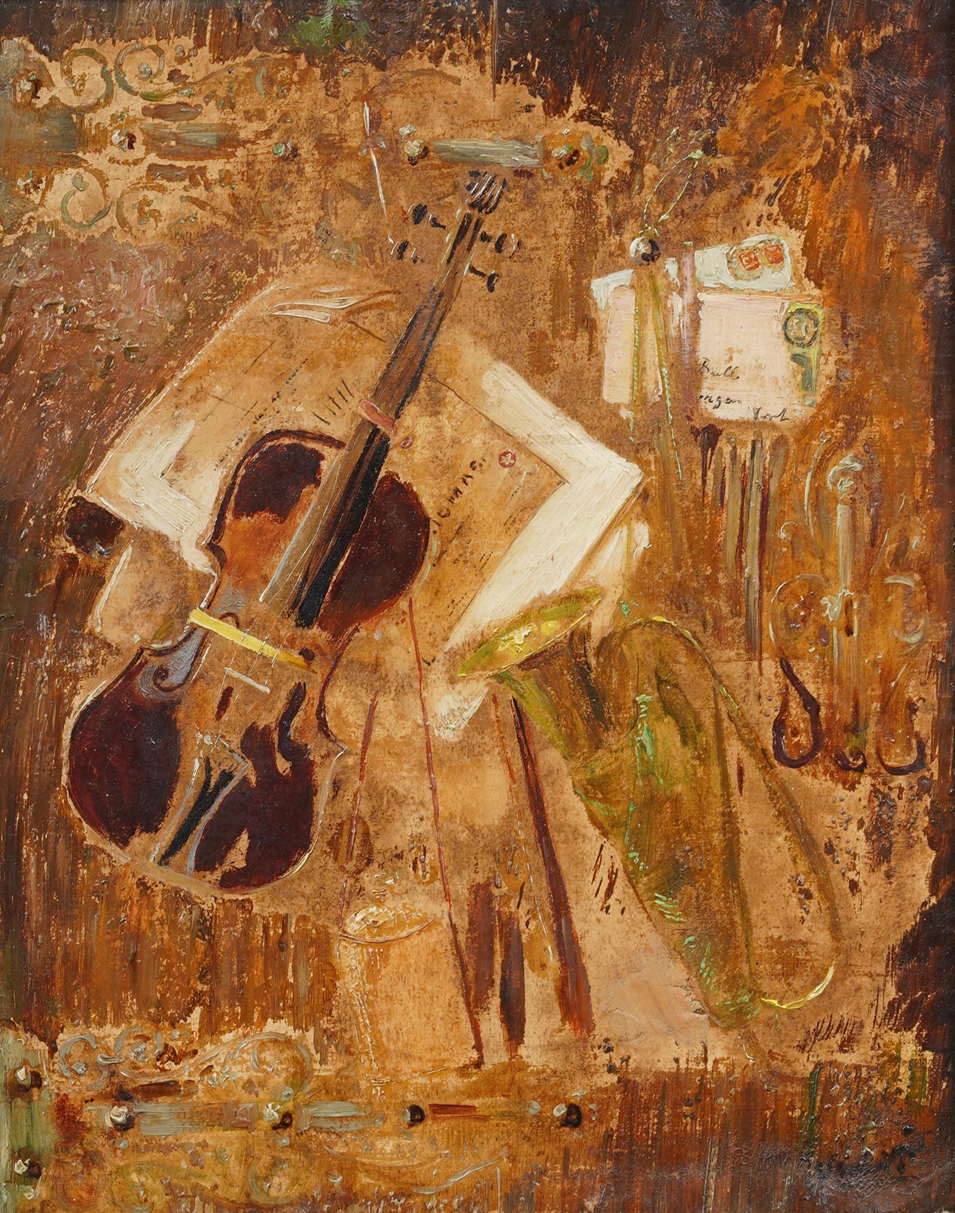 Vintage modernist abstract musical painting. Oil on canvas.   Framed.  In excellent original condition. Handsomely framed in a  giltwood molding.  Excellent condition, ready to hang and enjoy. 