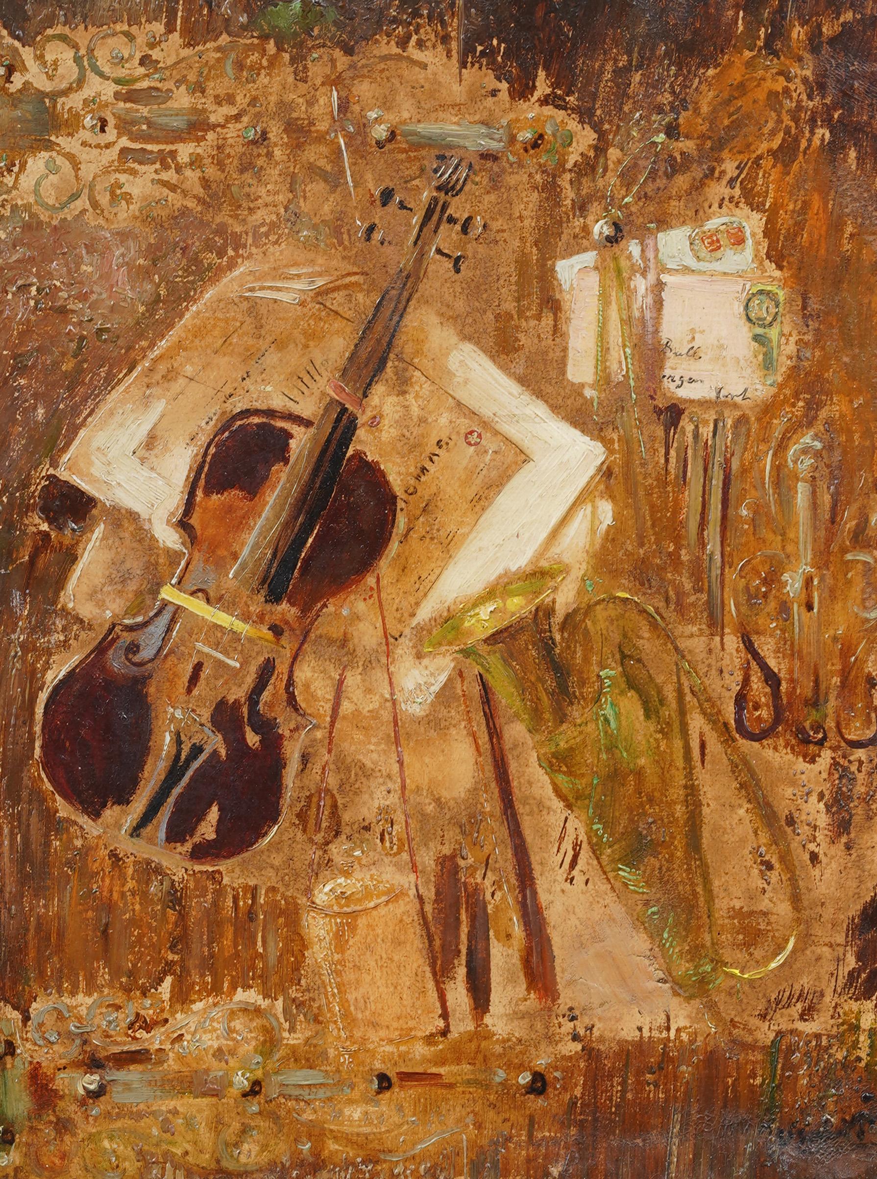 Antique American Modernist Surreal Musical Abstract Guitar Violin Oil Painting For Sale 1