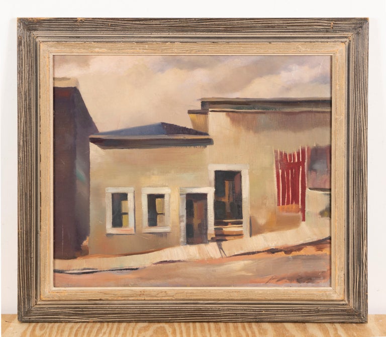 Antique American Modernist Surreal Street Scene Unsigned Framed Oil Painting  - Brown Landscape Painting by Unknown