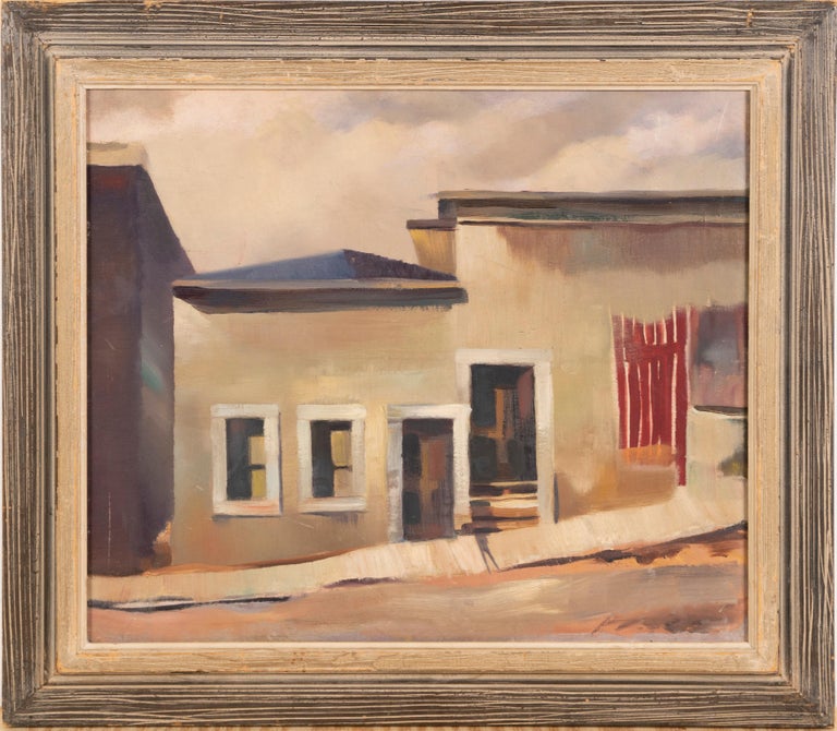 Antique American modernist street scene painting.  Oil on board, circa 1930.  Unsigned.  Image size, 24L x 20H.  Housed in a period  modern frame.
