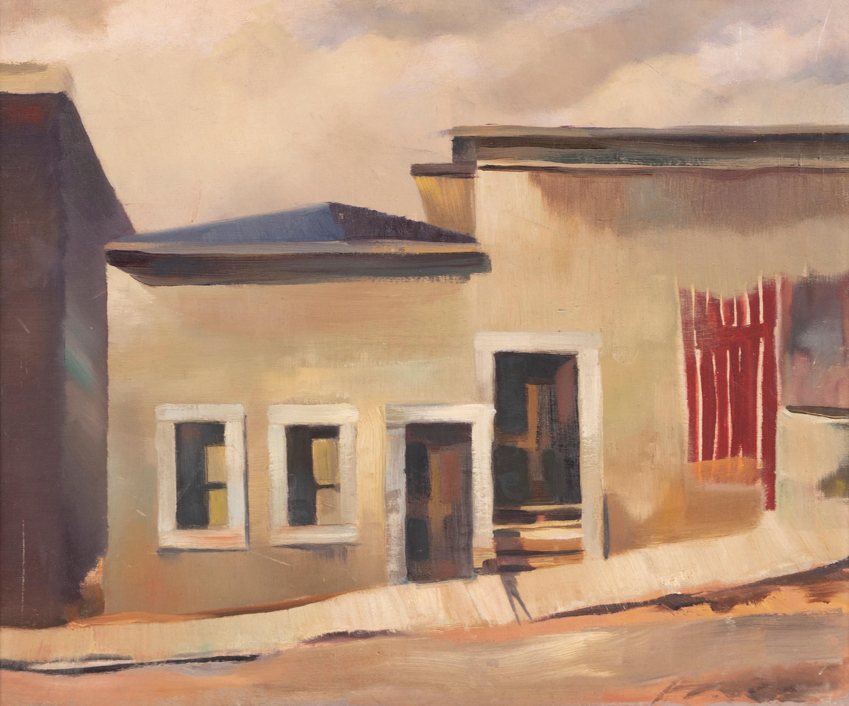 Antique American modernist street scene painting.  Oil on board, circa 1930.  Nicht signiert.  Image size, 24L x 20H.  Housed in a period  modern frame.
