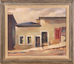 Antique American Modernist Surreal Street Scene Unsigned Framed Oil Painting