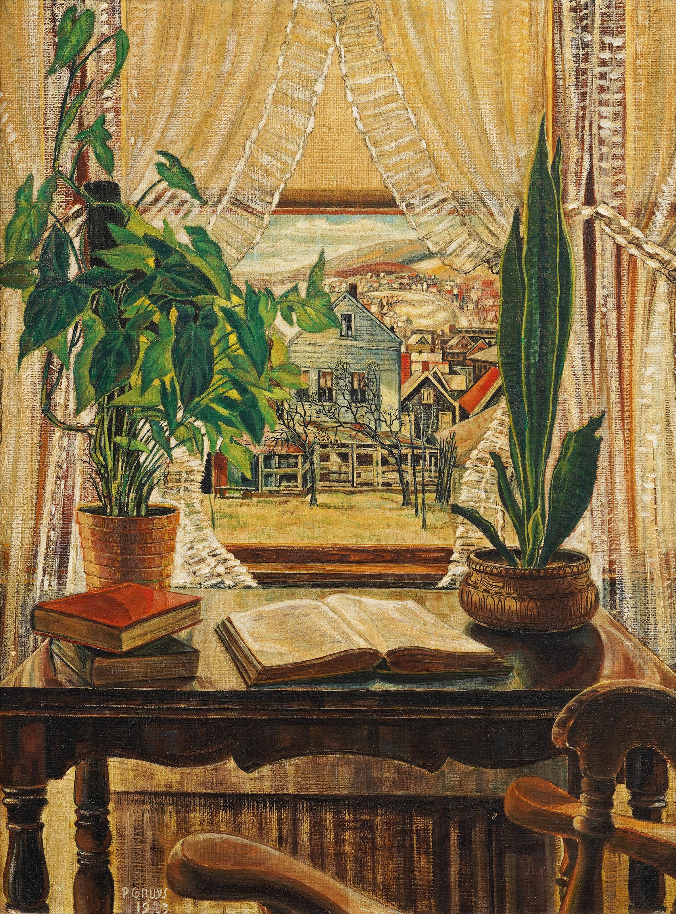 Antigua Pintura al Óleo Modernista Americana Trompe L'Oeil Vista de Ventana Súper Detallada - Painting Realista de Unknown