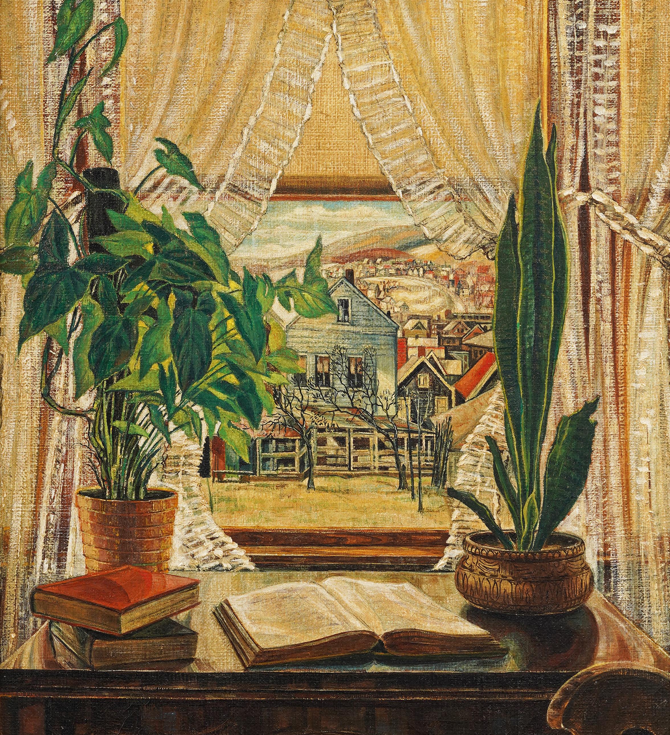 Antigua Pintura al Óleo Modernista Americana Trompe L'Oeil Vista de Ventana Súper Detallada - Landscape Painting Marrón de Unknown